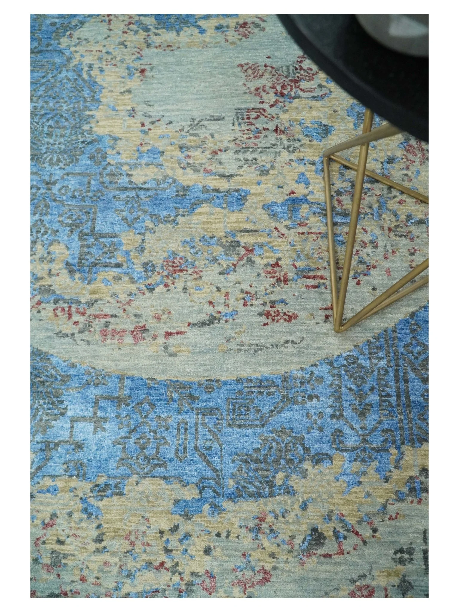 8x10 Fine Hand Knotted Beige and Blue Modern Abstract Style Antique Wool and Silk Area Rug | AGR37 - Image 3