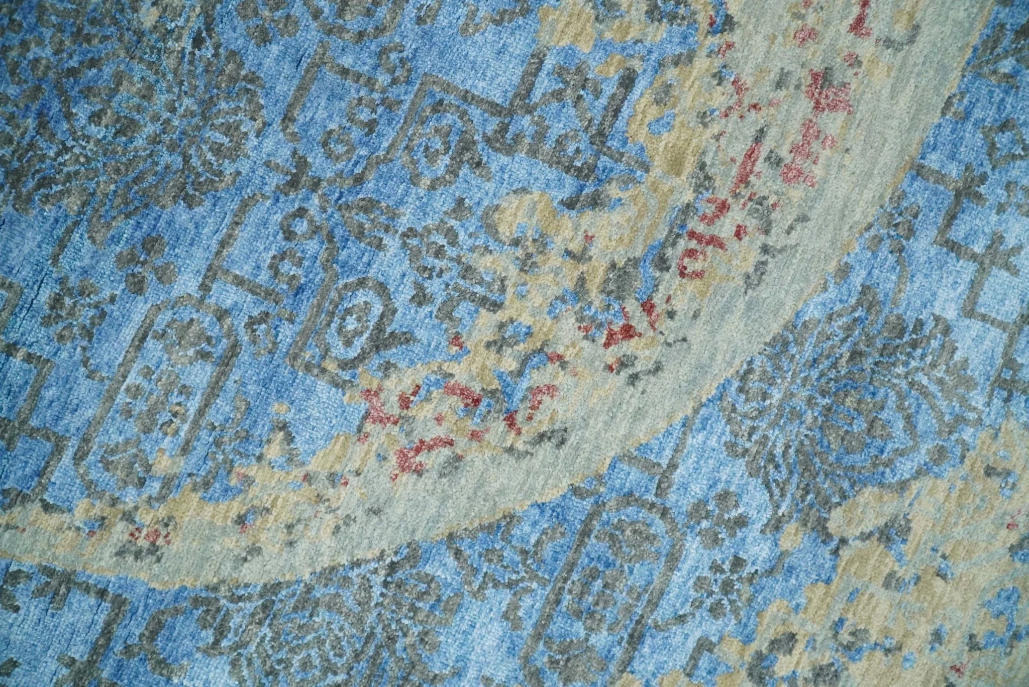 8x10 Fine Hand Knotted Beige and Blue Modern Abstract Style Antique Wool and Silk Area Rug | AGR37 - Image 4