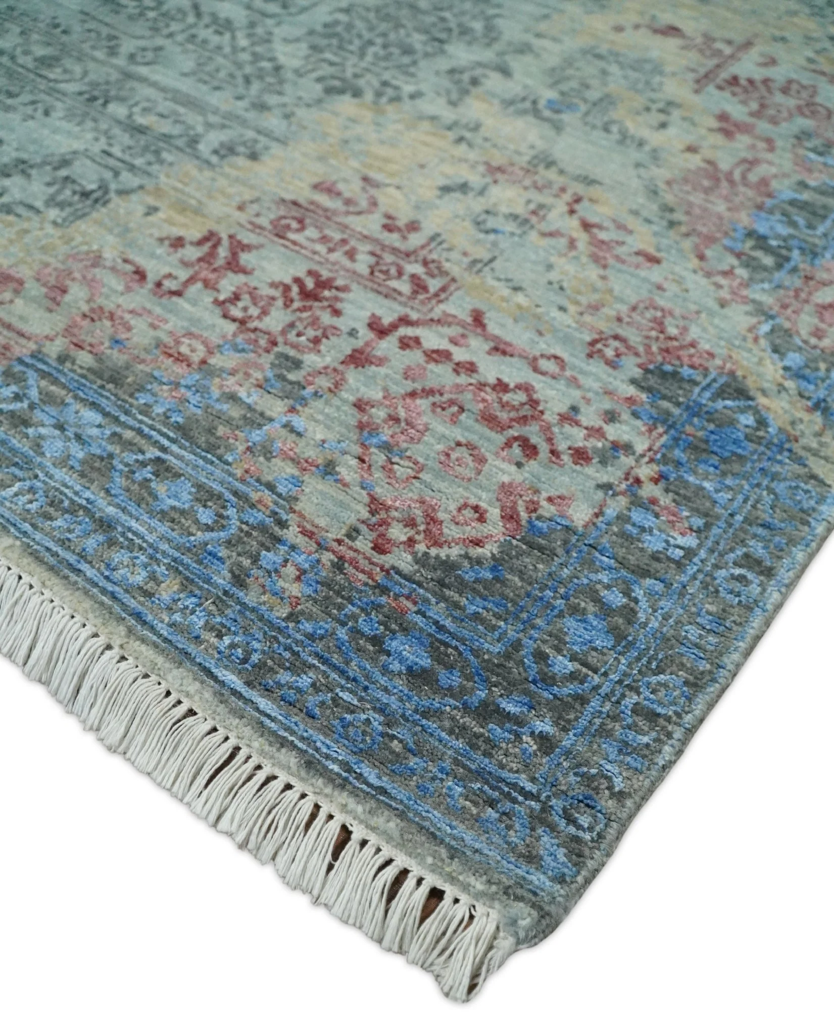 8x10 Fine Hand Knotted Beige and Blue Modern Abstract Style Antique Wool and Silk Area Rug | AGR37 - Image 5