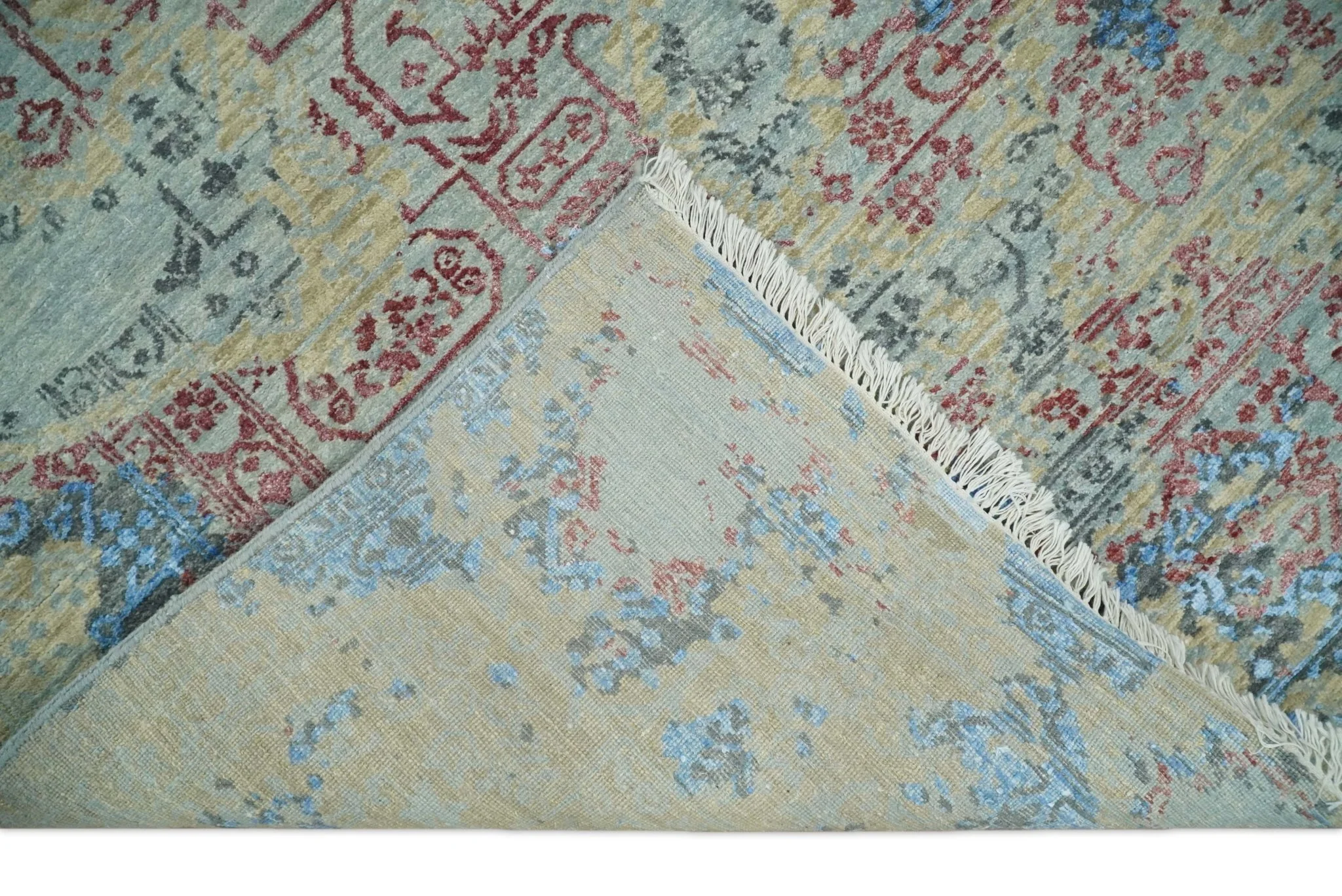 8x10 Fine Hand Knotted Beige and Blue Modern Abstract Style Antique Wool and Silk Area Rug | AGR37 - Image 7