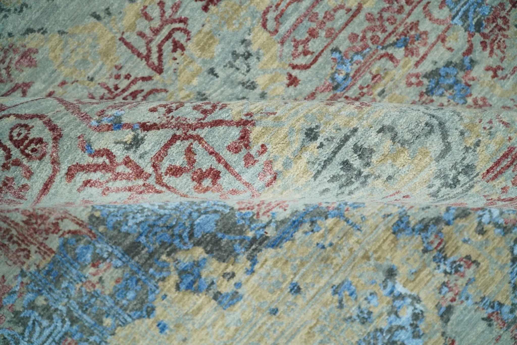 8x10 Fine Hand Knotted Beige and Blue Modern Abstract Style Antique Wool and Silk Area Rug | AGR37 - Image 8