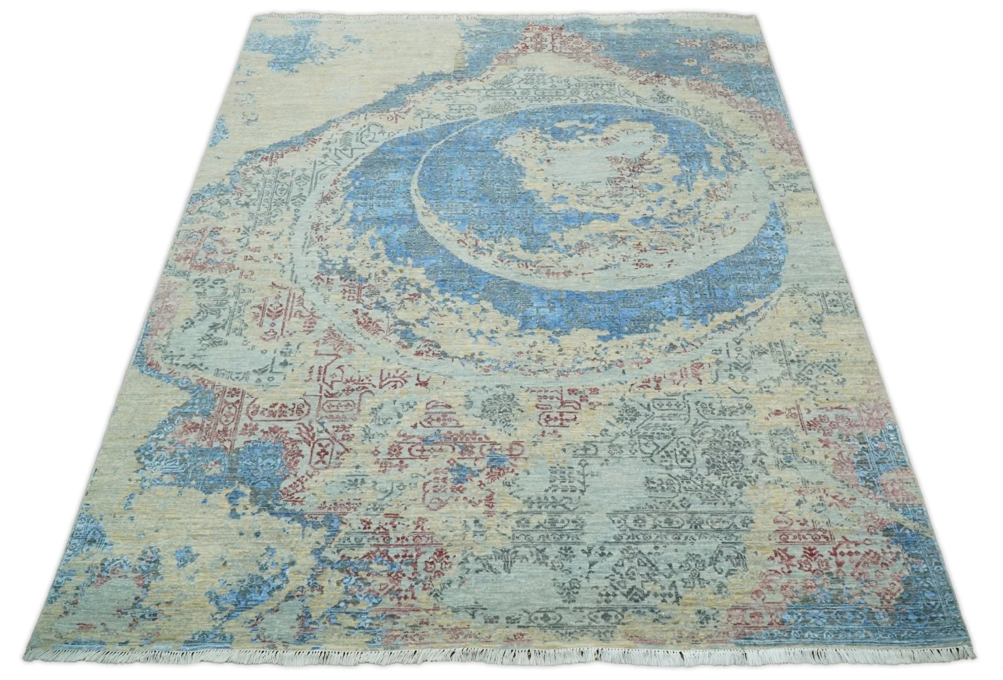 8x10 Fine Hand Knotted Beige and Blue Modern Abstract Style Antique Wool and Silk Area Rug | AGR37 - Image 9