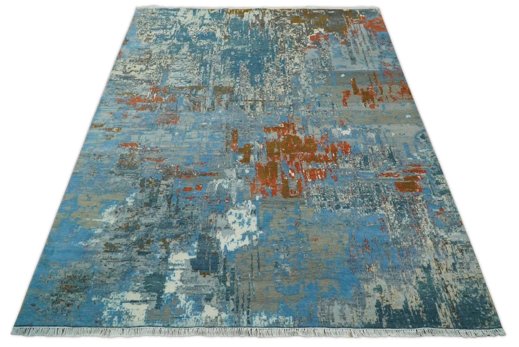 8x10 Fine Hand Knotted Beige and Blue Modern Abstract Style Antique Wool and Silk Area Rug | AGR43 - Image 10