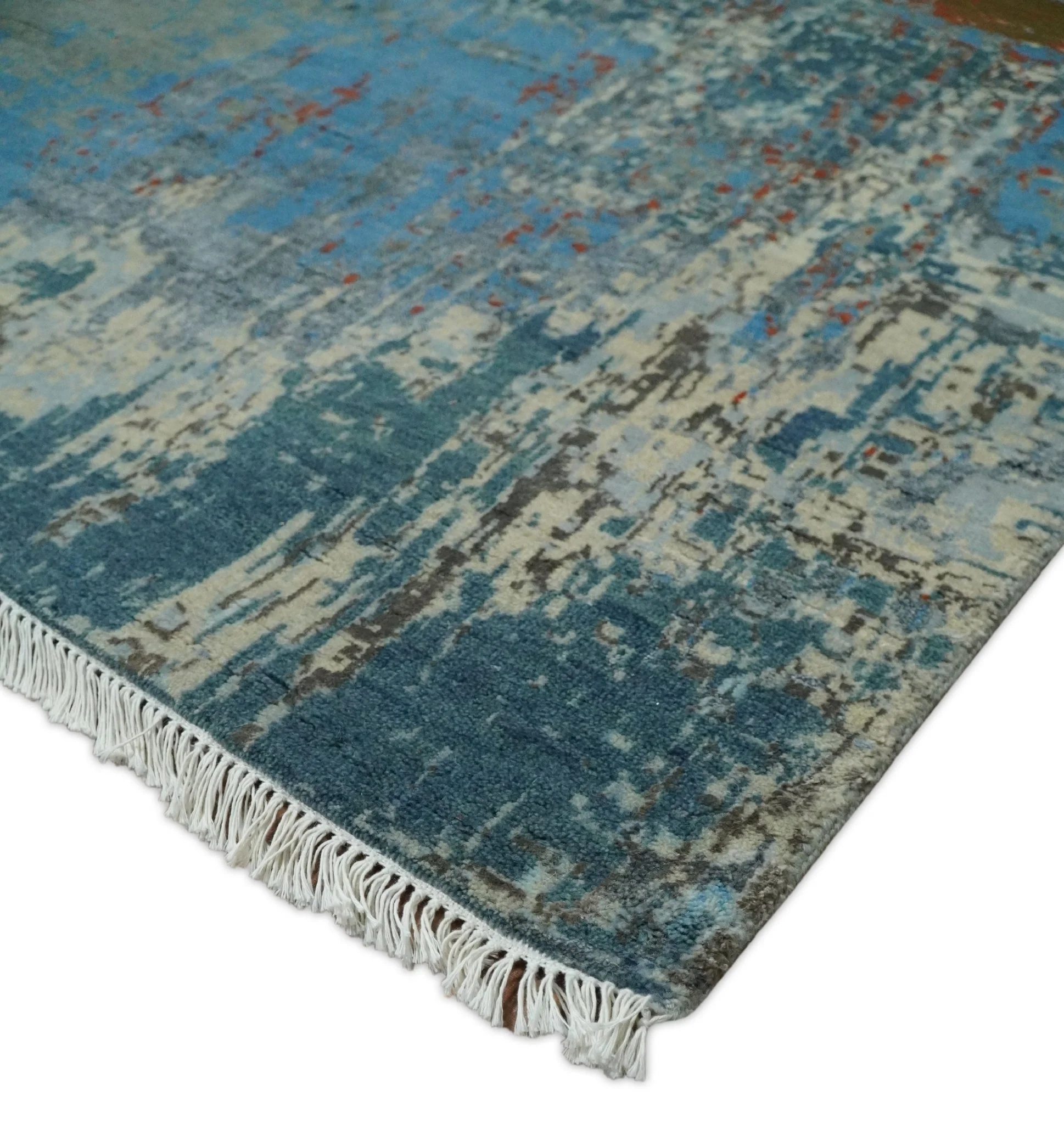 8x10 Fine Hand Knotted Beige and Blue Modern Abstract Style Antique Wool and Silk Area Rug | AGR43 - Image 5