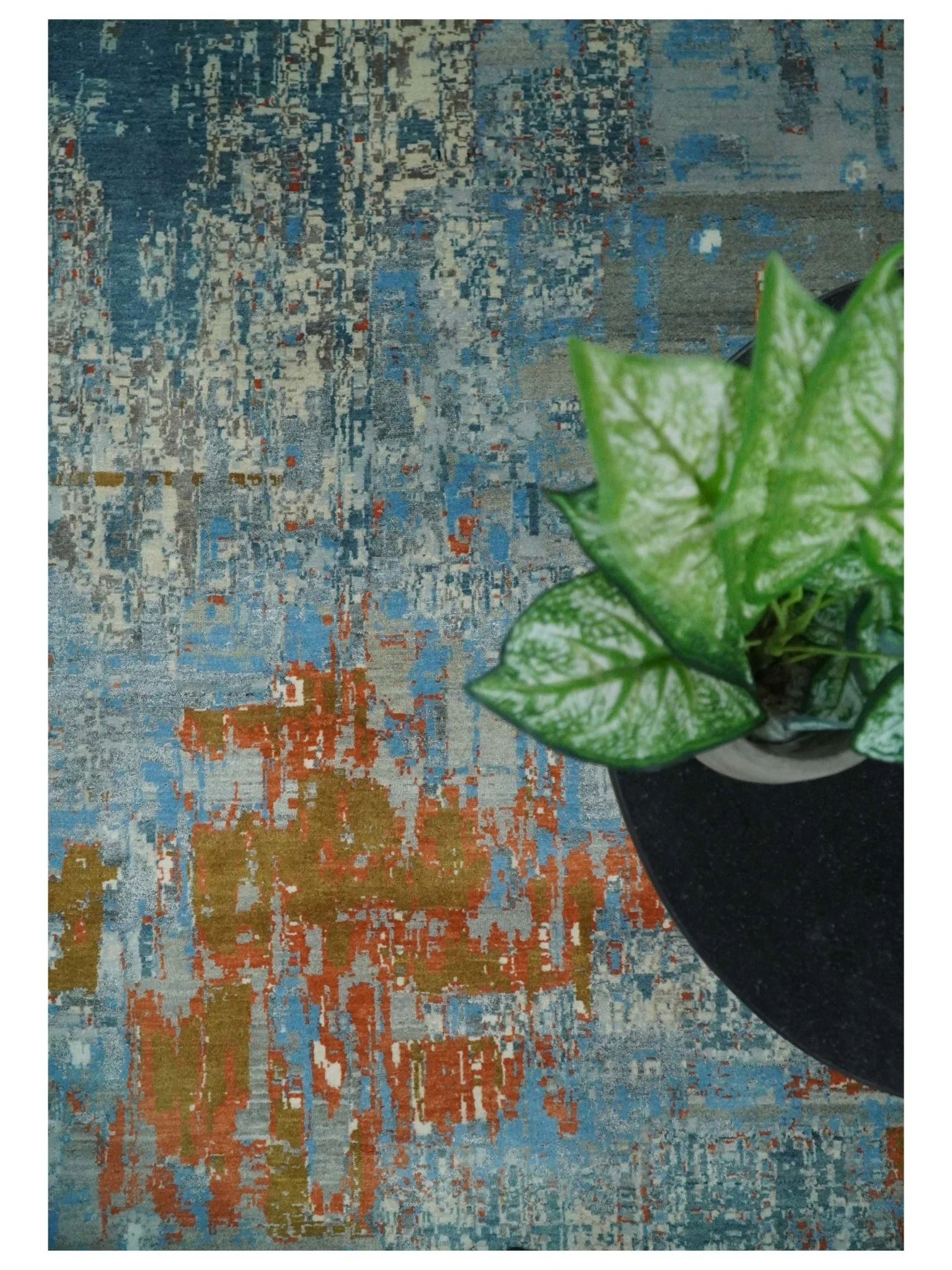 8x10 Fine Hand Knotted Beige and Blue Modern Abstract Style Antique Wool and Silk Area Rug | AGR43 - Image 6