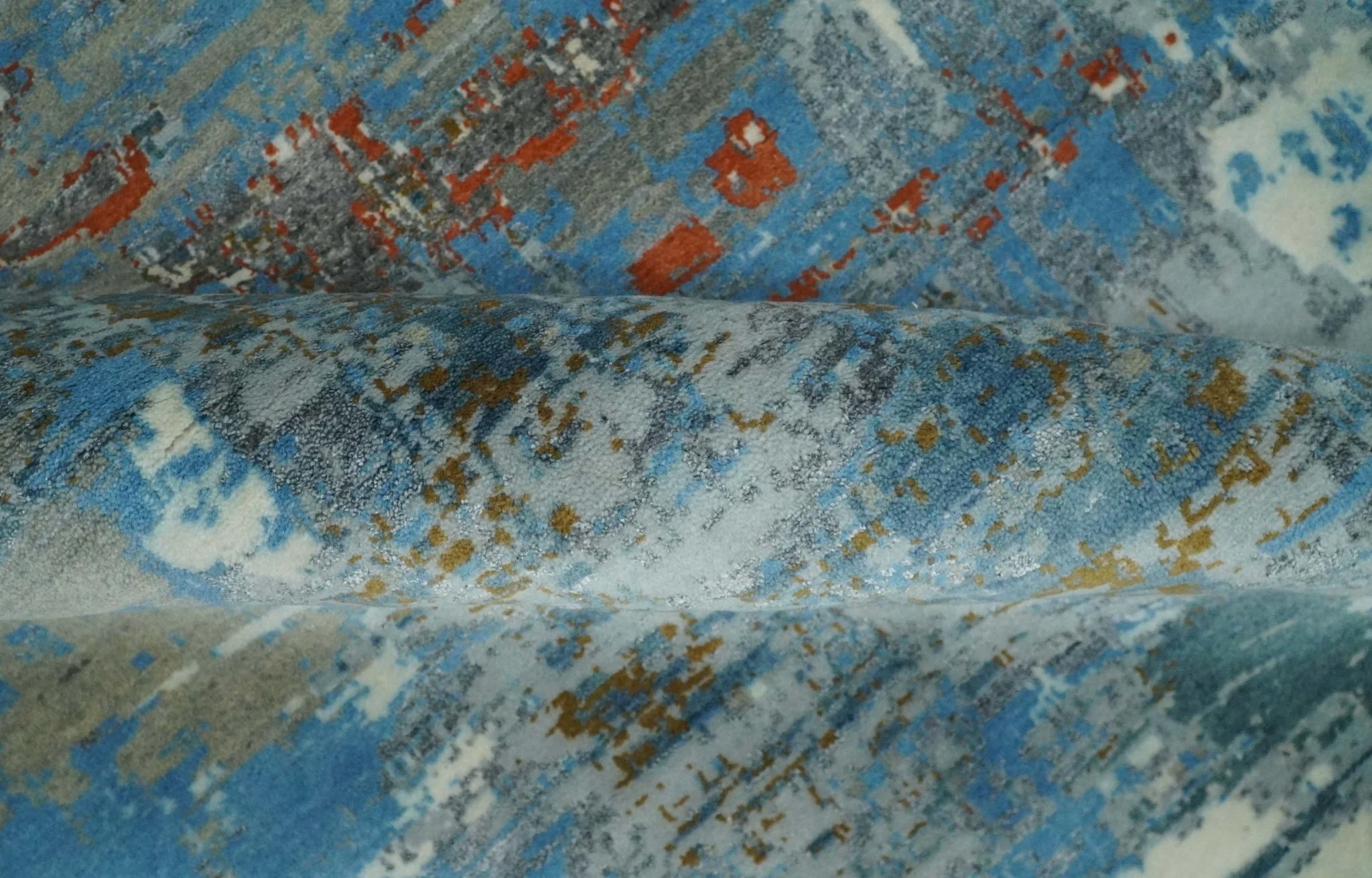 8x10 Fine Hand Knotted Beige and Blue Modern Abstract Style Antique Wool and Silk Area Rug | AGR43 - Image 8