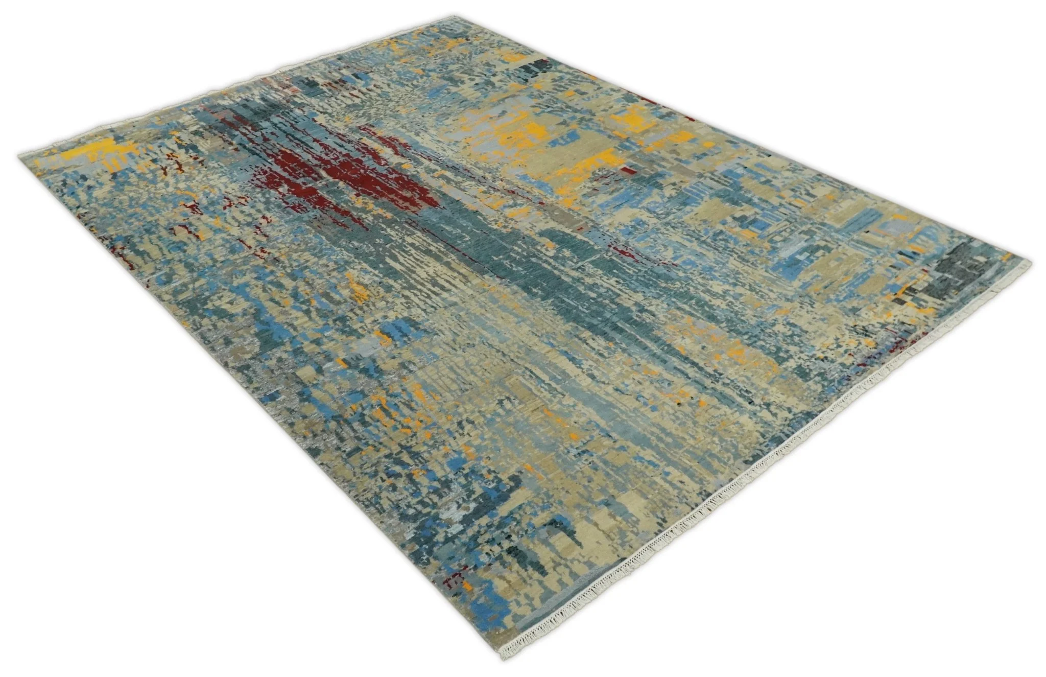 8x10 Fine Hand Knotted Beige and Blue Modern Abstract Style Antique Wool and Silk Area Rug | TRDCP630810 - Image 10