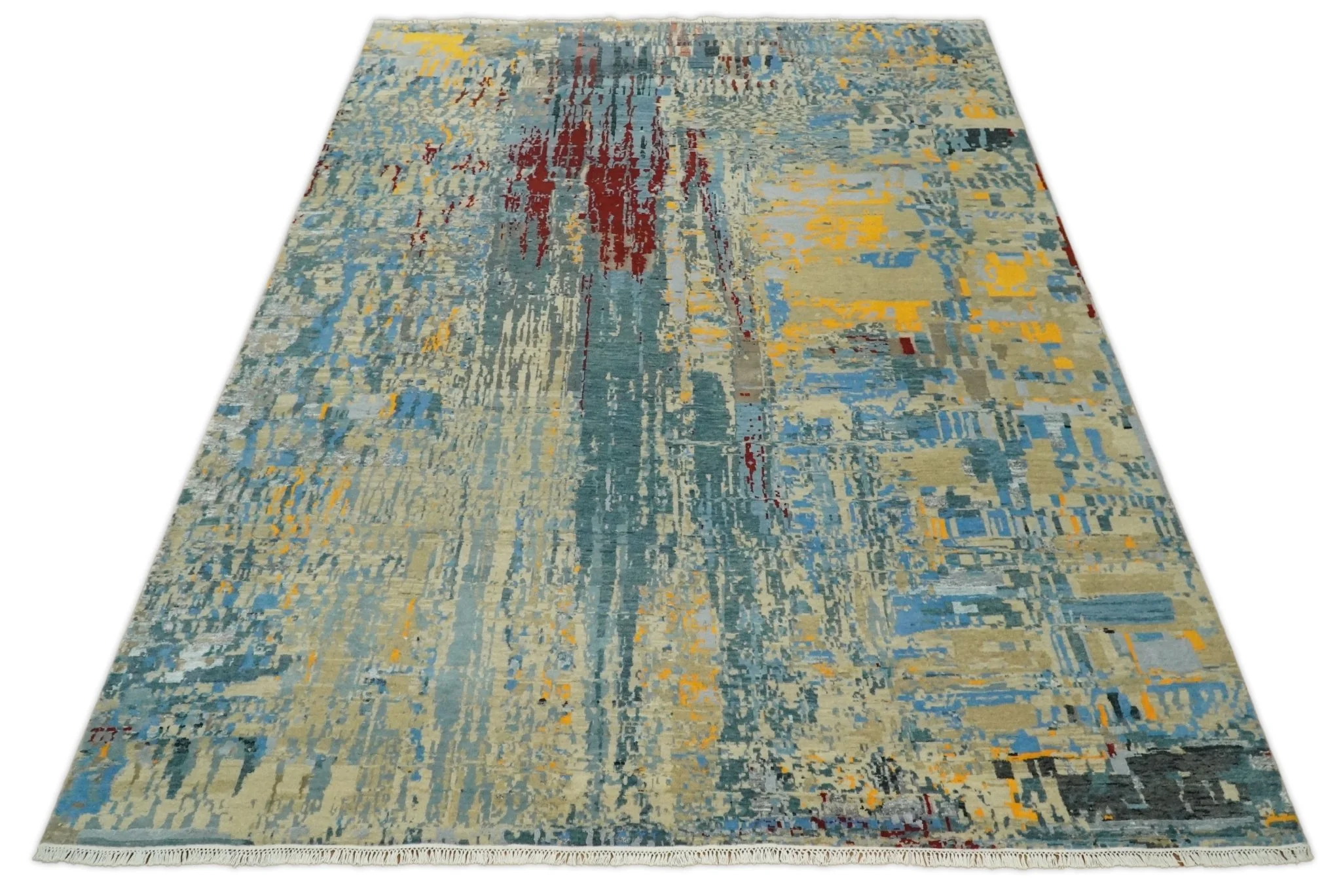 8x10 Fine Hand Knotted Beige and Blue Modern Abstract Style Antique Wool and Silk Area Rug | TRDCP630810 - Image 11