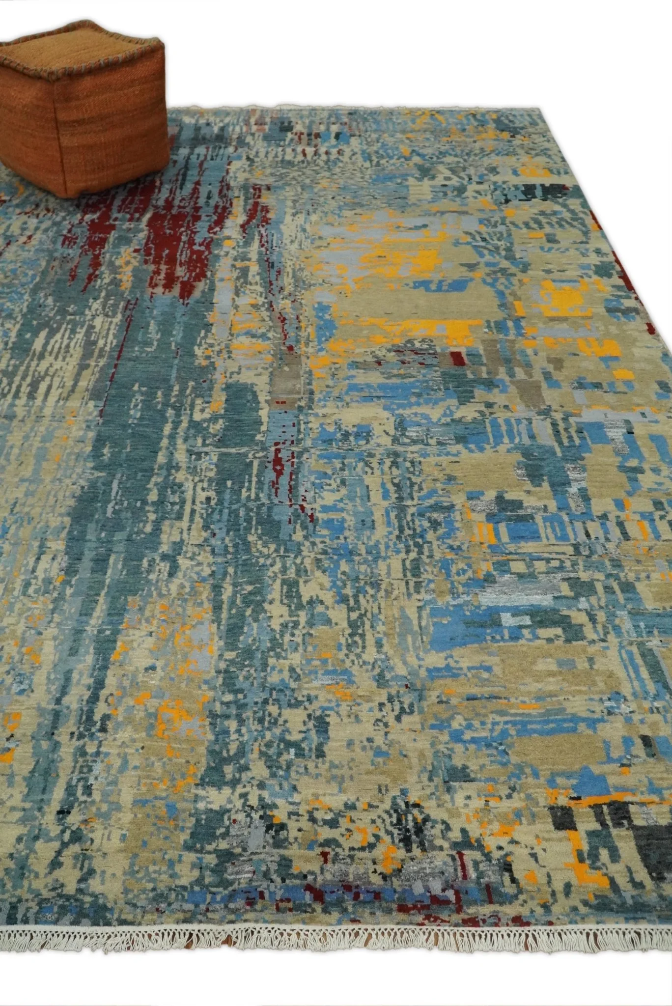 8x10 Fine Hand Knotted Beige and Blue Modern Abstract Style Antique Wool and Silk Area Rug | TRDCP630810 - Image 2
