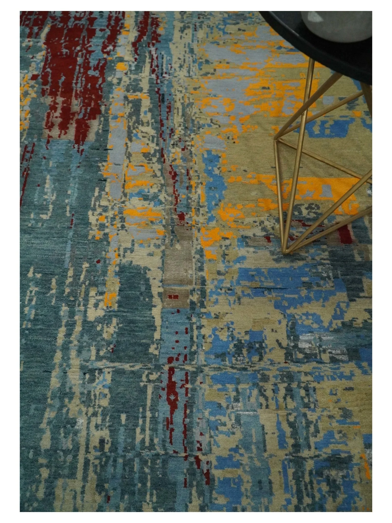 8x10 Fine Hand Knotted Beige and Blue Modern Abstract Style Antique Wool and Silk Area Rug | TRDCP630810 - Image 3