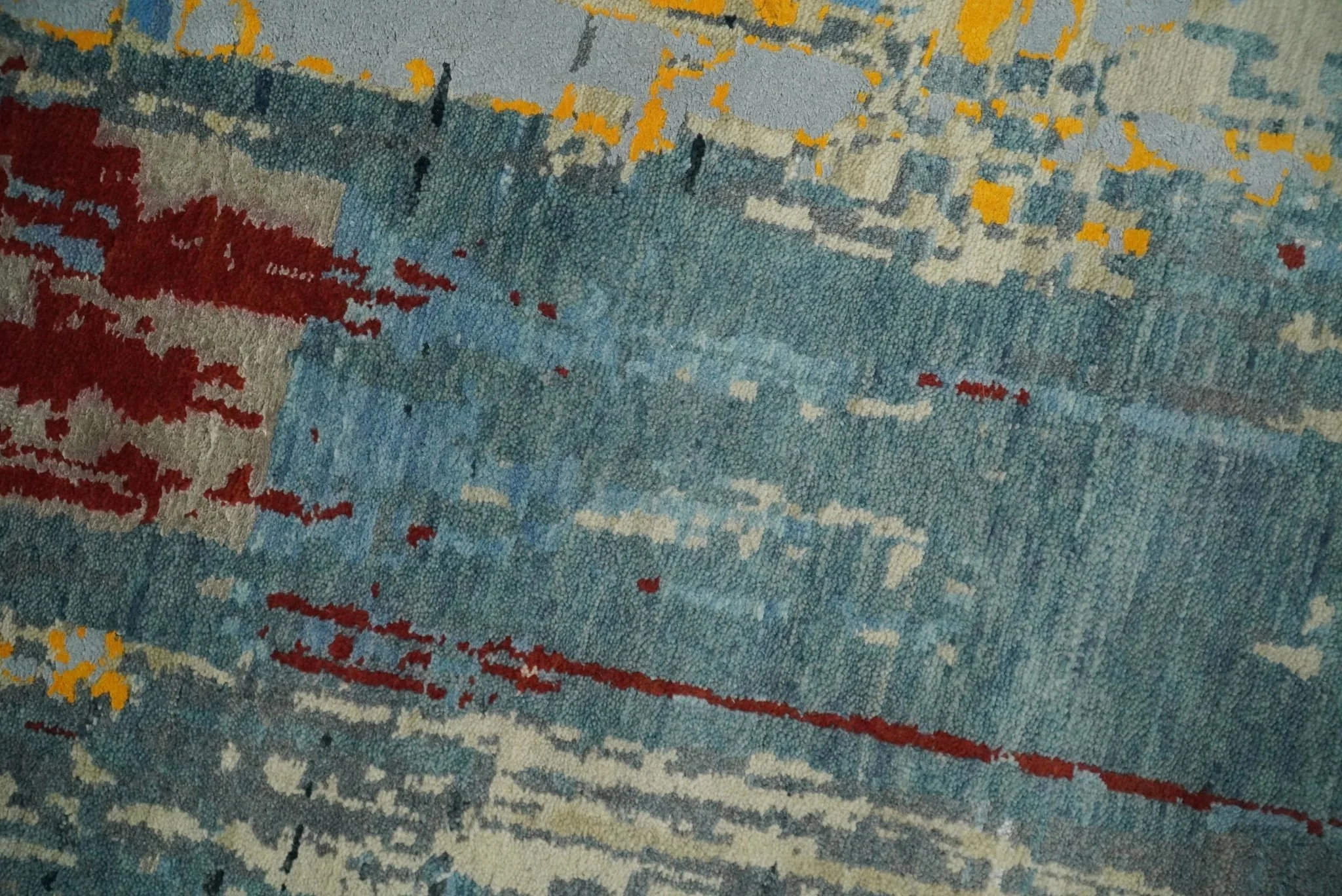 8x10 Fine Hand Knotted Beige and Blue Modern Abstract Style Antique Wool and Silk Area Rug | TRDCP630810 - Image 4