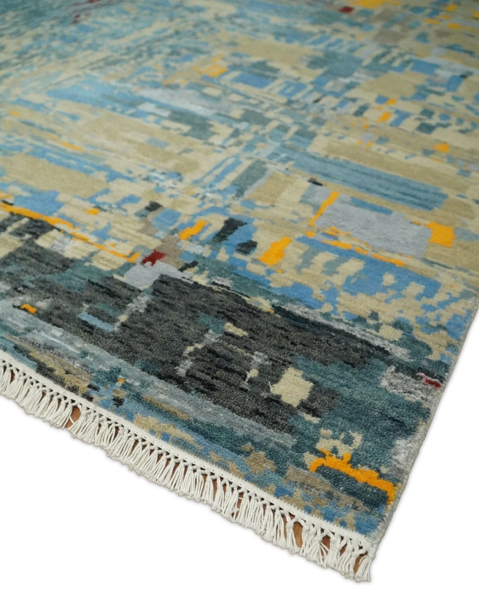 8x10 Fine Hand Knotted Beige and Blue Modern Abstract Style Antique Wool and Silk Area Rug | TRDCP630810 - Image 6