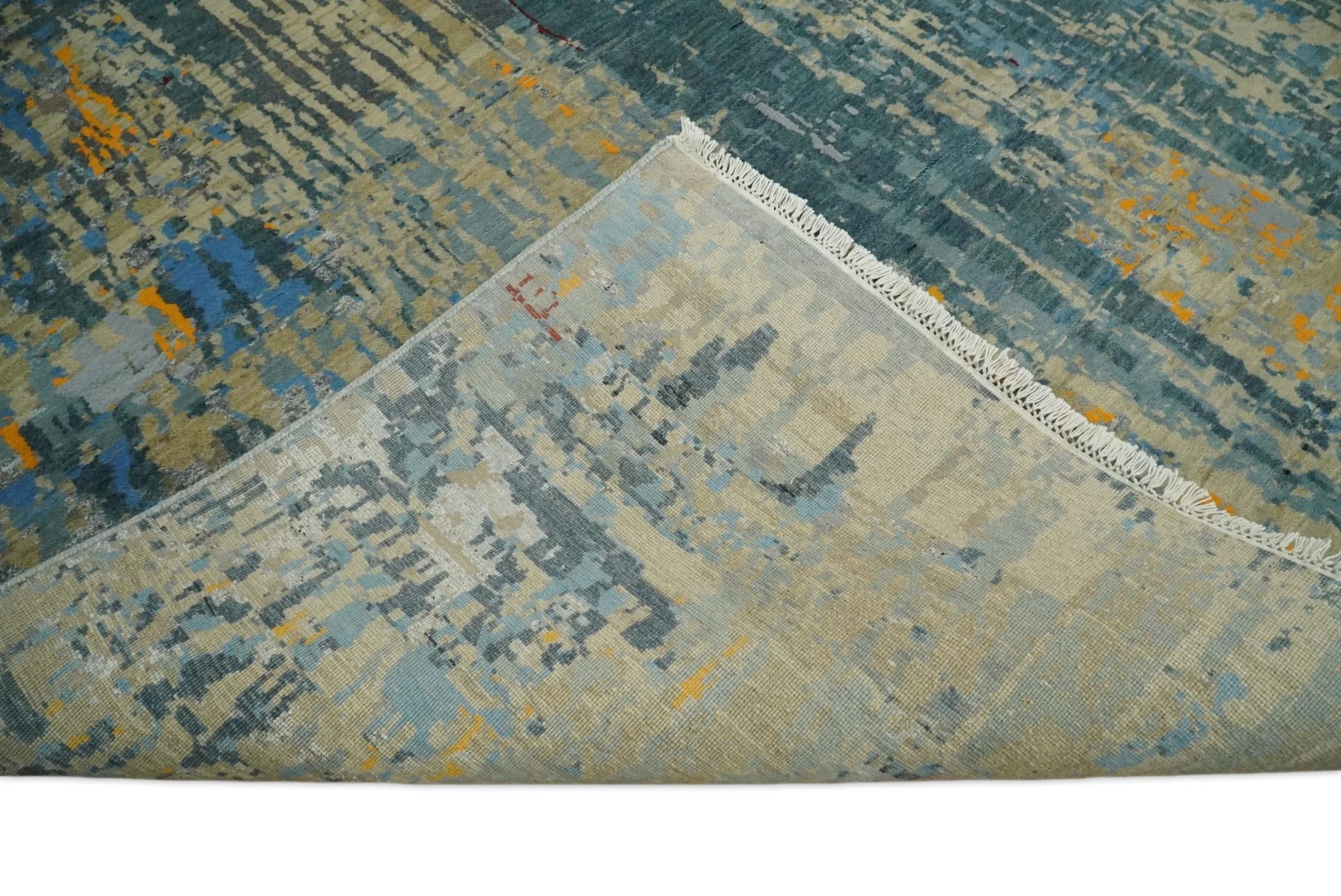 8x10 Fine Hand Knotted Beige and Blue Modern Abstract Style Antique Wool and Silk Area Rug | TRDCP630810 - Image 7