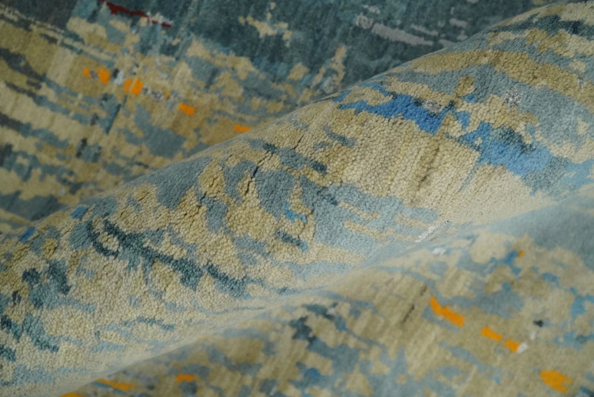 8x10 Fine Hand Knotted Beige and Blue Modern Abstract Style Antique Wool and Silk Area Rug | TRDCP630810 - Image 8