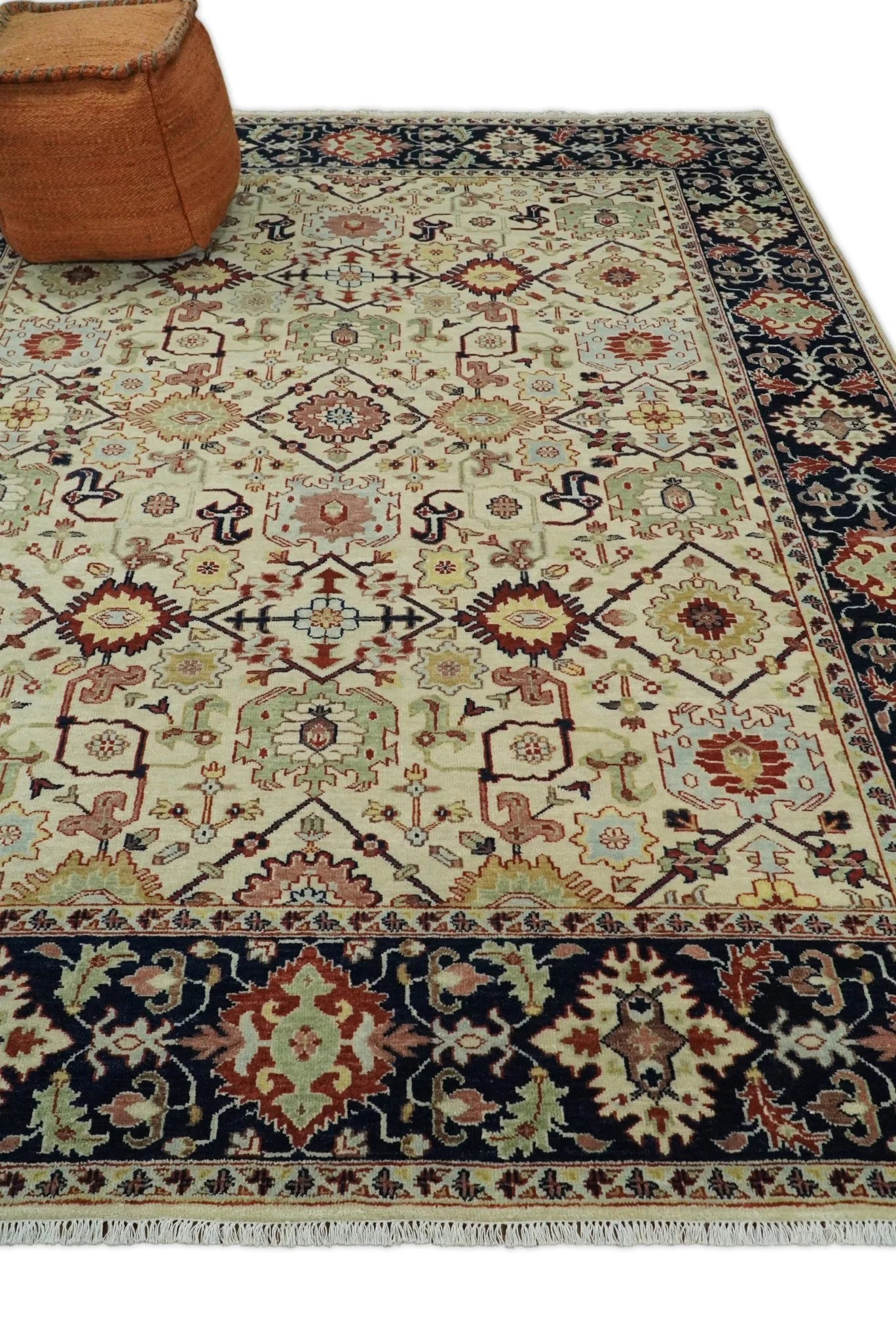 8x10 Fine Hand Knotted Beige and Blue Traditional Oriental Oushak Antique Wool Rug | TRDCP525810 - Image 3