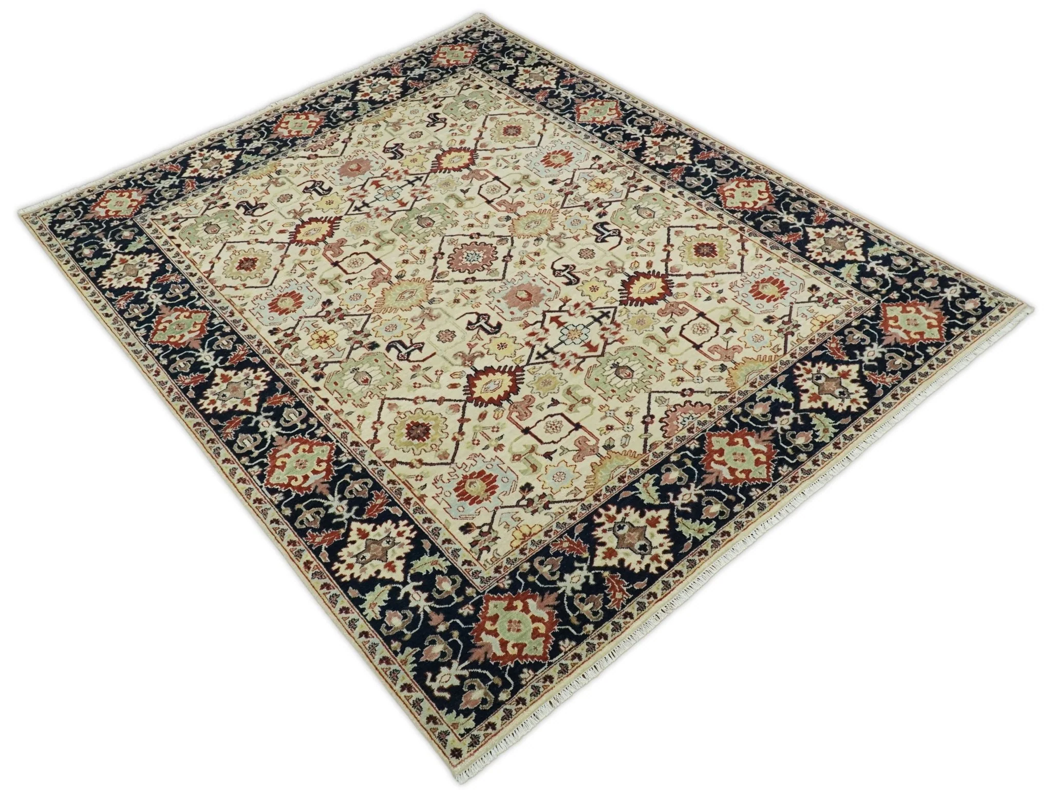 8x10 Fine Hand Knotted Beige and Blue Traditional Oriental Oushak Antique Wool Rug | TRDCP525810 - Image 5