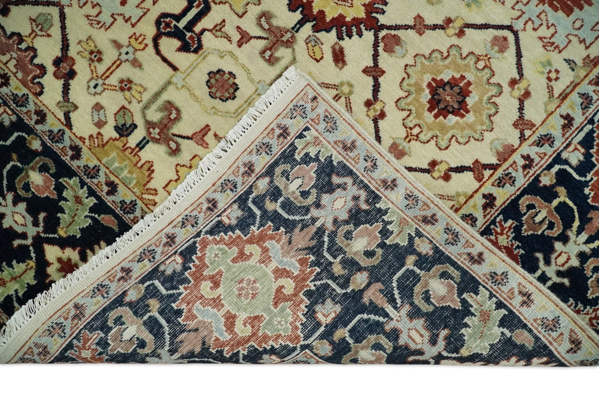 8x10 Fine Hand Knotted Beige and Blue Traditional Oriental Oushak Antique Wool Rug | TRDCP525810 - Image 7