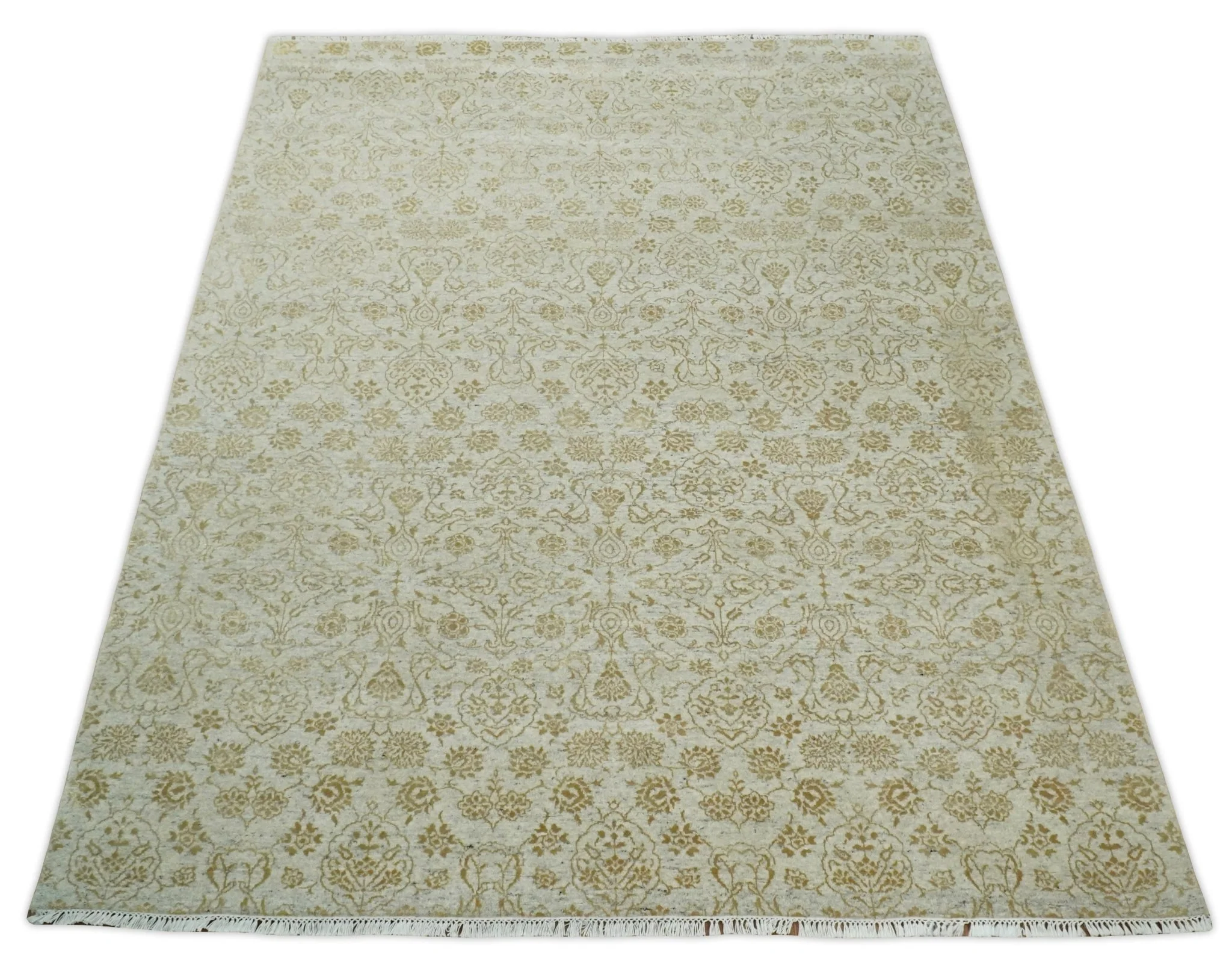 8x10 Fine Hand Knotted Beige and Gold Traditional Vintage Persian Style Antique Silk Rug | AGR21 - Image 10