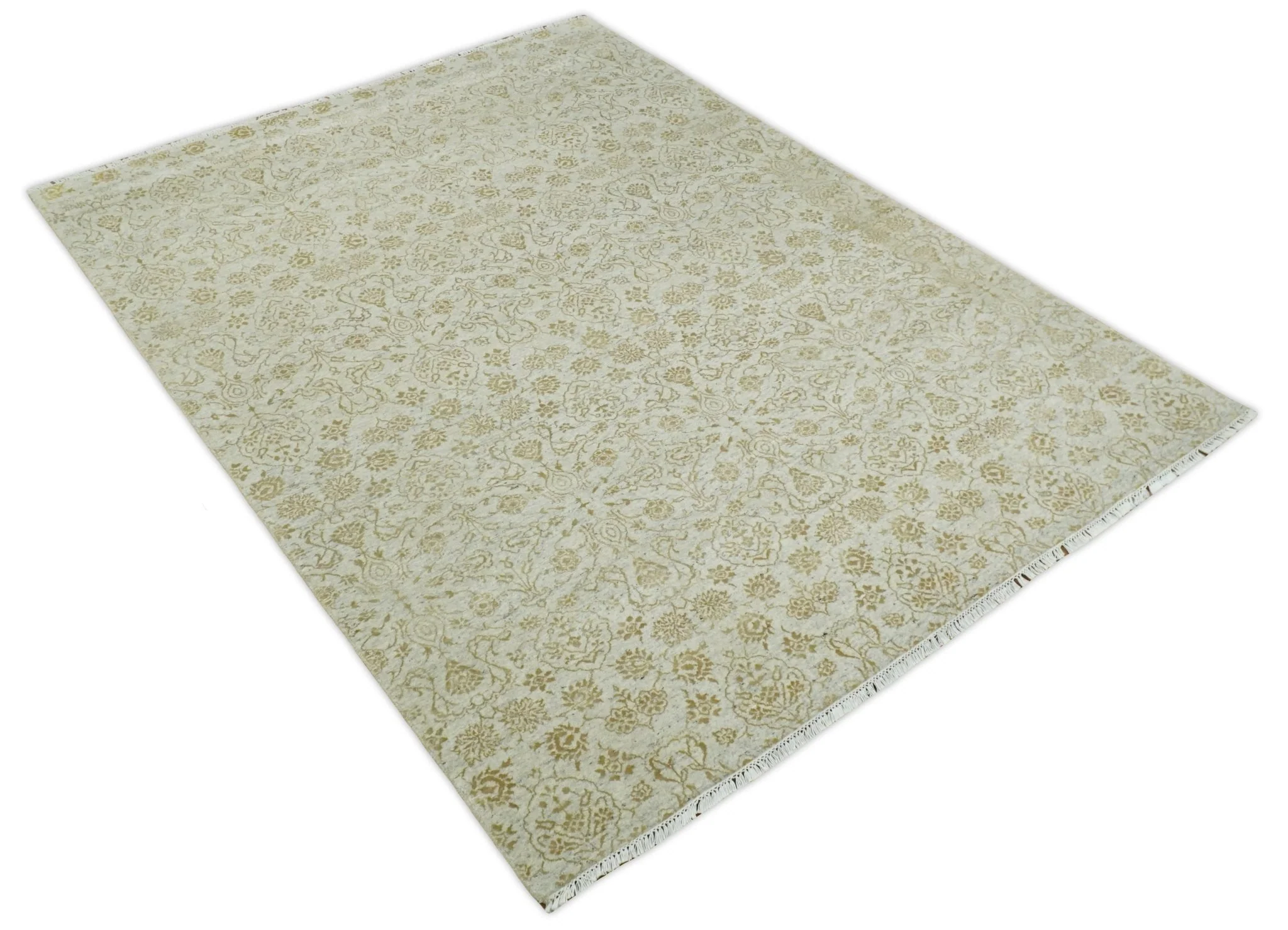 8x10 Fine Hand Knotted Beige and Gold Traditional Vintage Persian Style Antique Silk Rug | AGR21 - Image 9