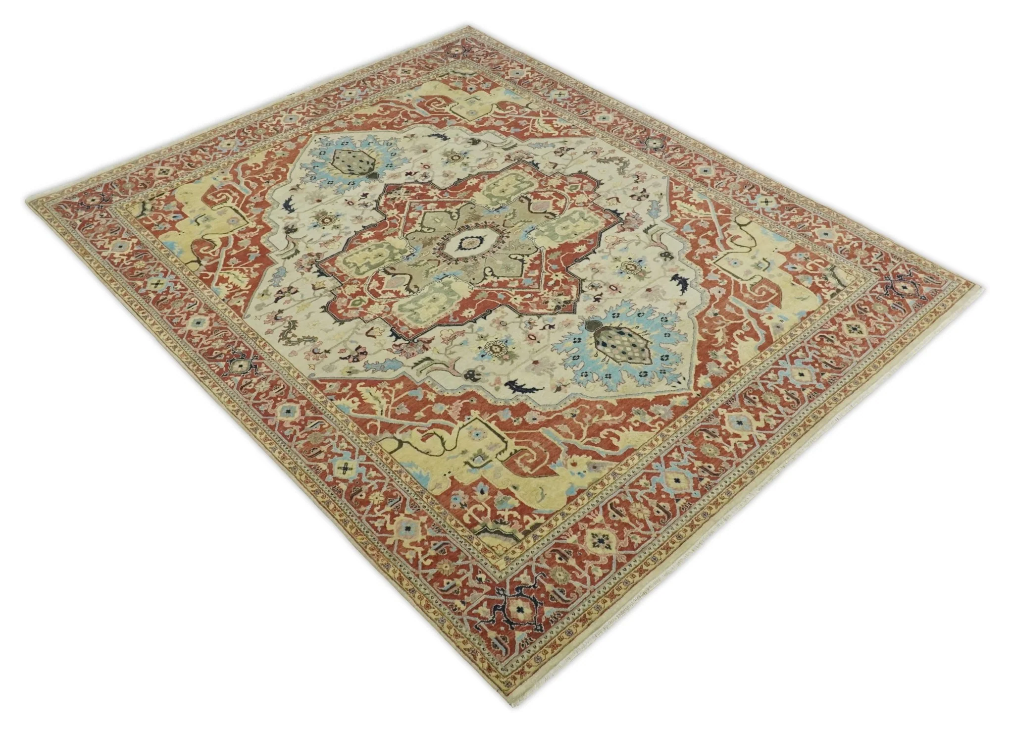 8x10 Fine Hand Knotted Beige, Blue and Rust Traditional Vintage Heriz Serapi Antique Wool Rug | TRDCP466810 - Image 11