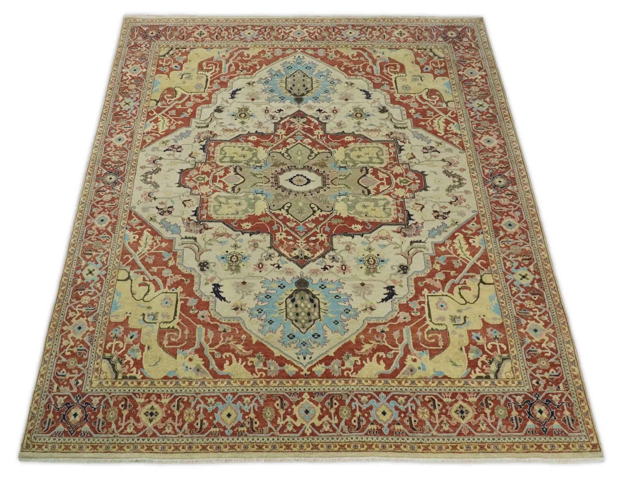 8x10 Fine Hand Knotted Beige, Blue and Rust Traditional Vintage Heriz Serapi Antique Wool Rug | TRDCP466810 - Image 12