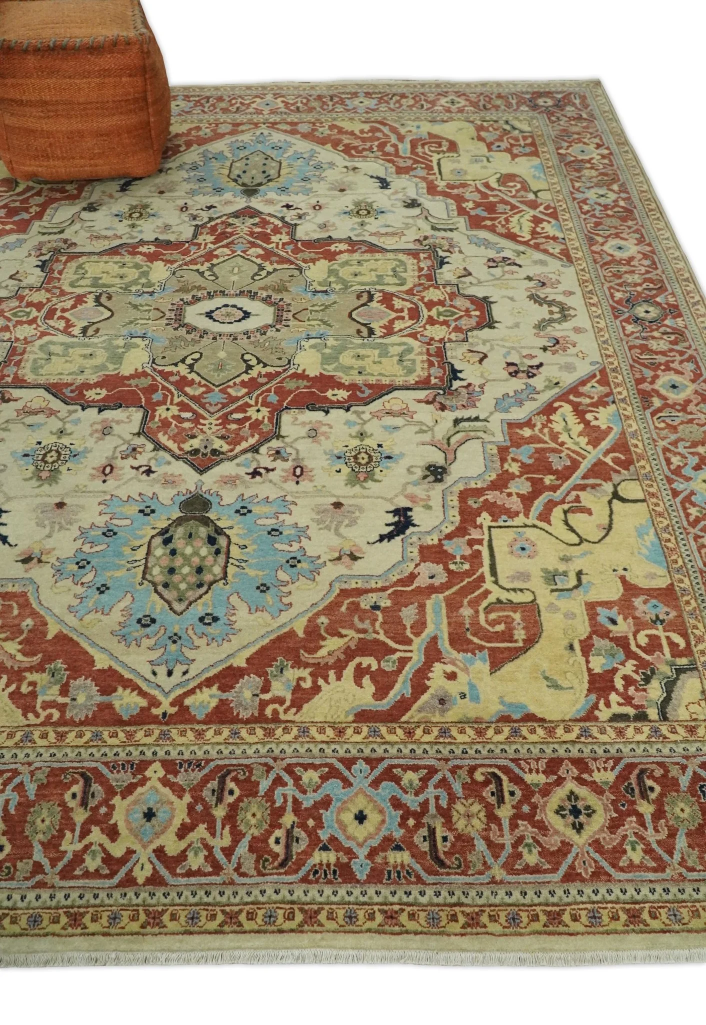 8x10 Fine Hand Knotted Beige, Blue and Rust Traditional Vintage Heriz Serapi Antique Wool Rug | TRDCP466810 - Image 3