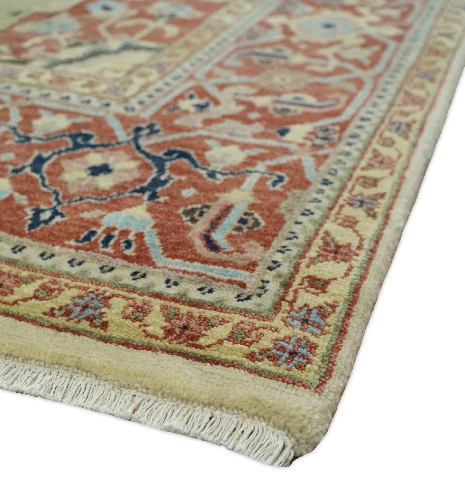8x10 Fine Hand Knotted Beige, Blue and Rust Traditional Vintage Heriz Serapi Antique Wool Rug | TRDCP466810 - Image 5