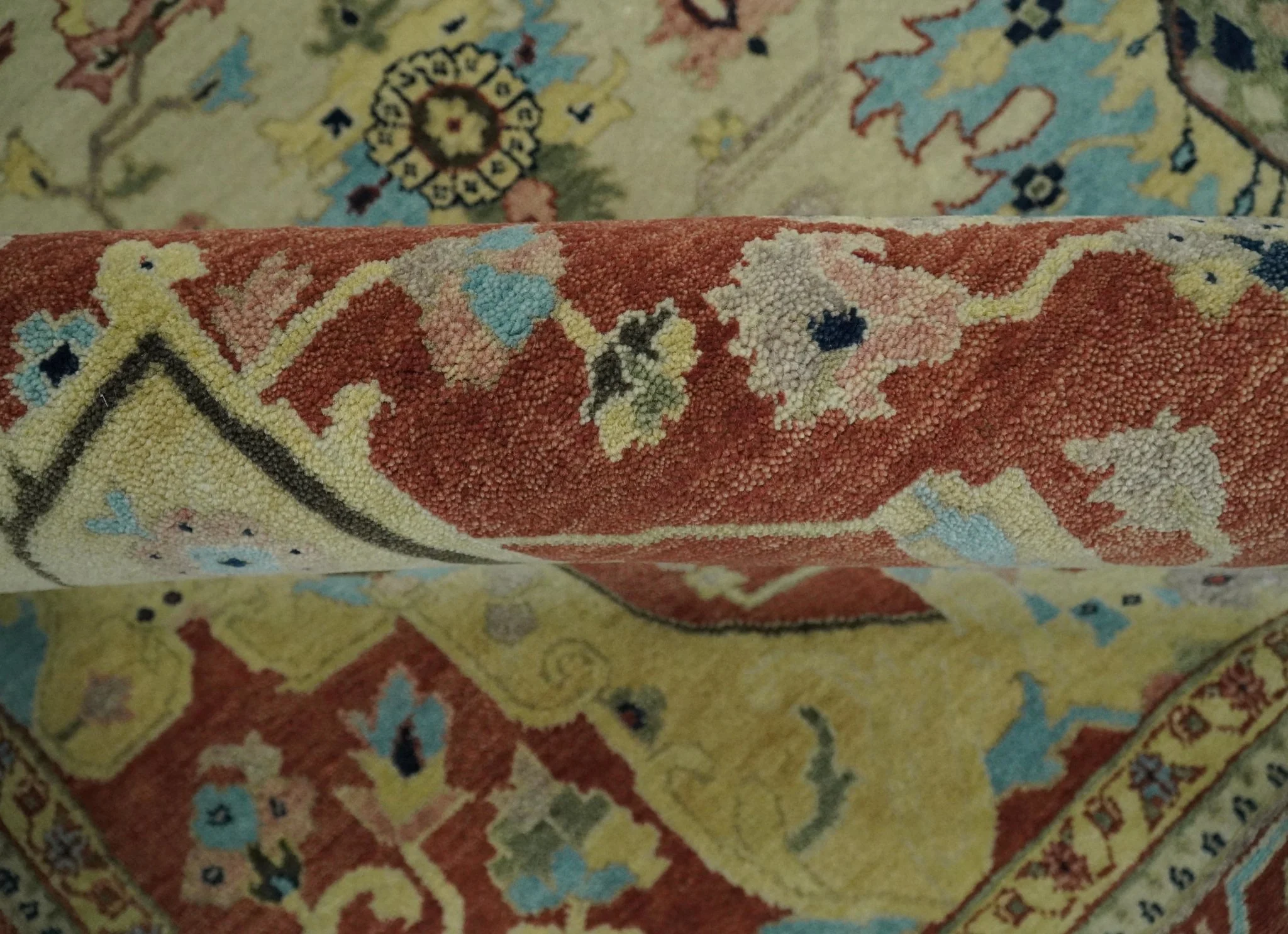 8x10 Fine Hand Knotted Beige, Blue and Rust Traditional Vintage Heriz Serapi Antique Wool Rug | TRDCP466810 - Image 7