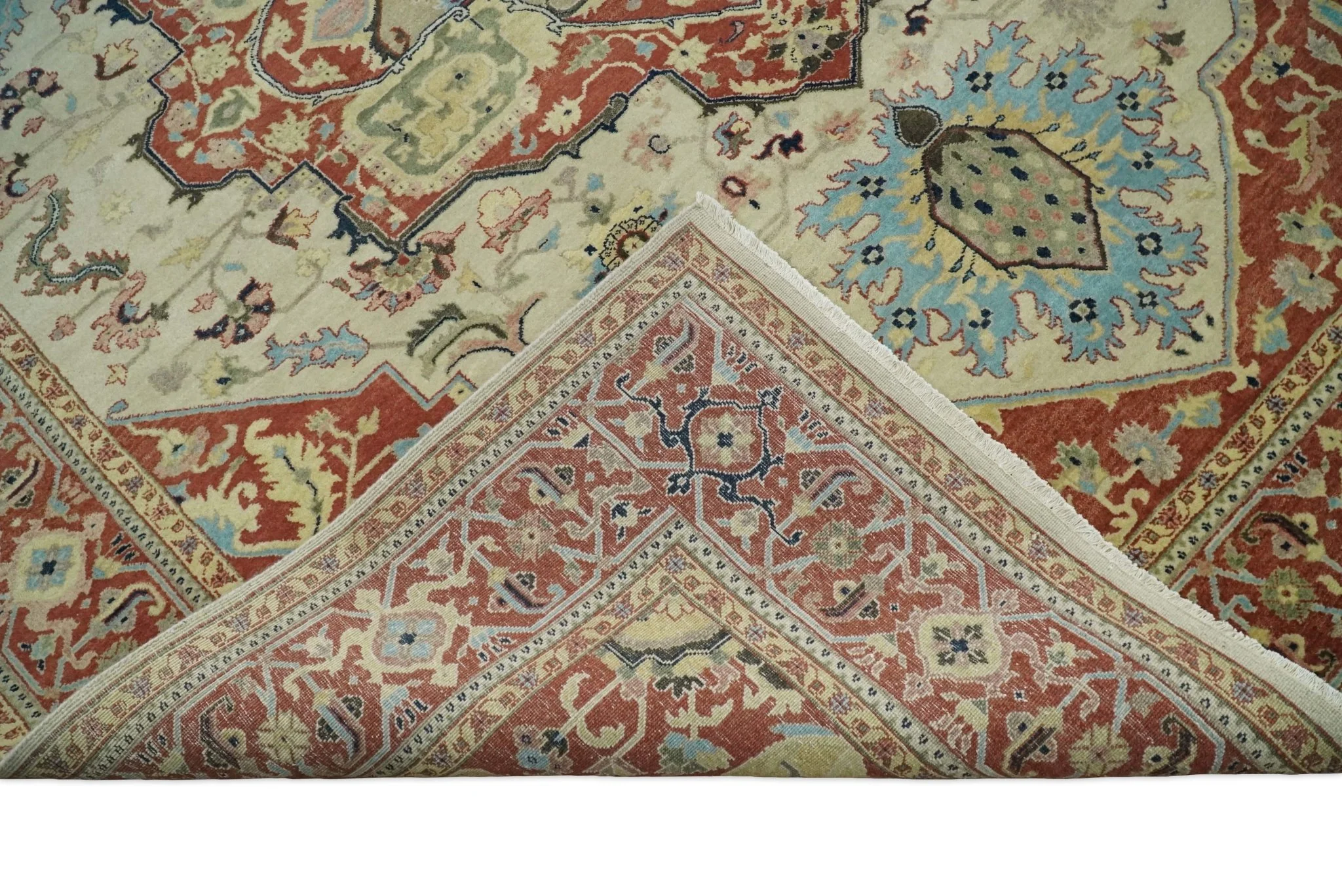 8x10 Fine Hand Knotted Beige, Blue and Rust Traditional Vintage Heriz Serapi Antique Wool Rug | TRDCP466810 - Image 9