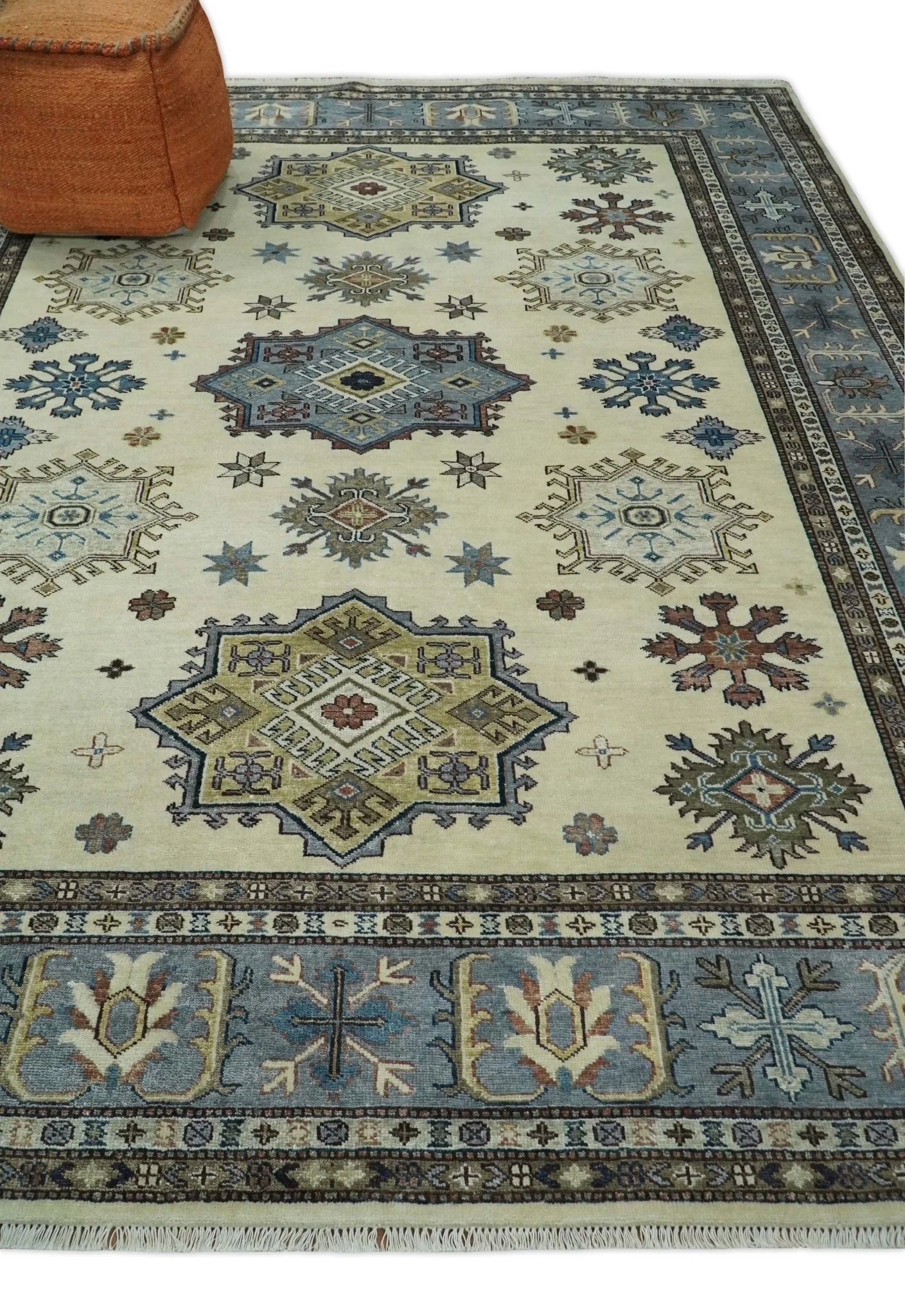 8x10 Fine Hand Knotted Blue and Beige Traditional Vintage Persian Style Antique Wool and Silk Rug | TRDCP510810 - Image 3