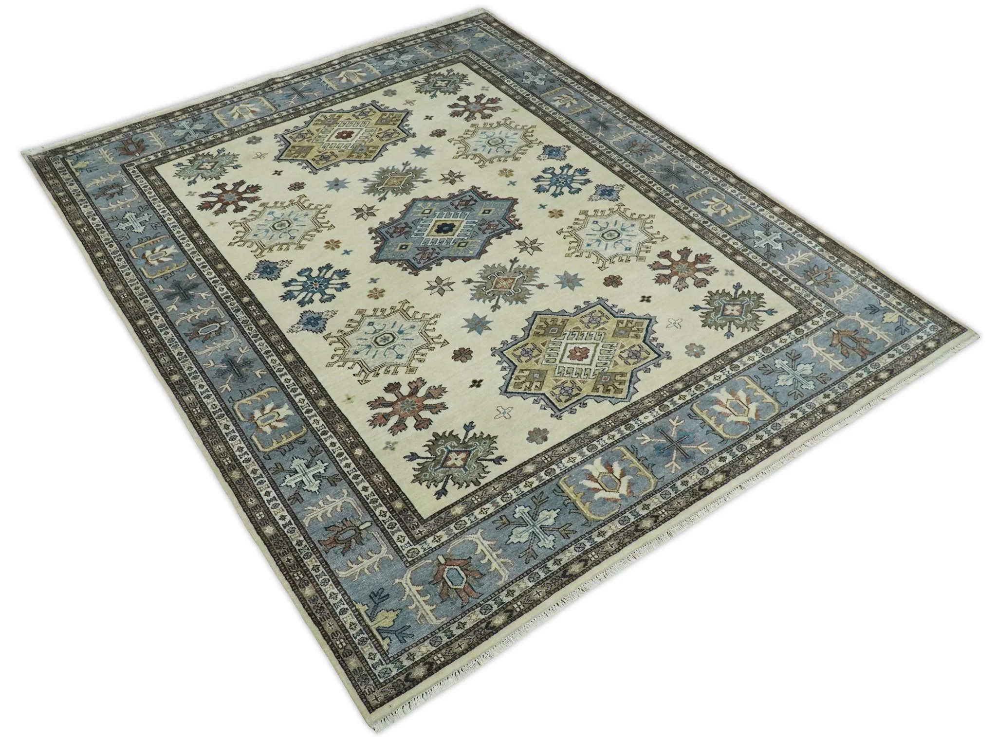 8x10 Fine Hand Knotted Blue and Beige Traditional Vintage Persian Style Antique Wool and Silk Rug | TRDCP510810 - Image 4