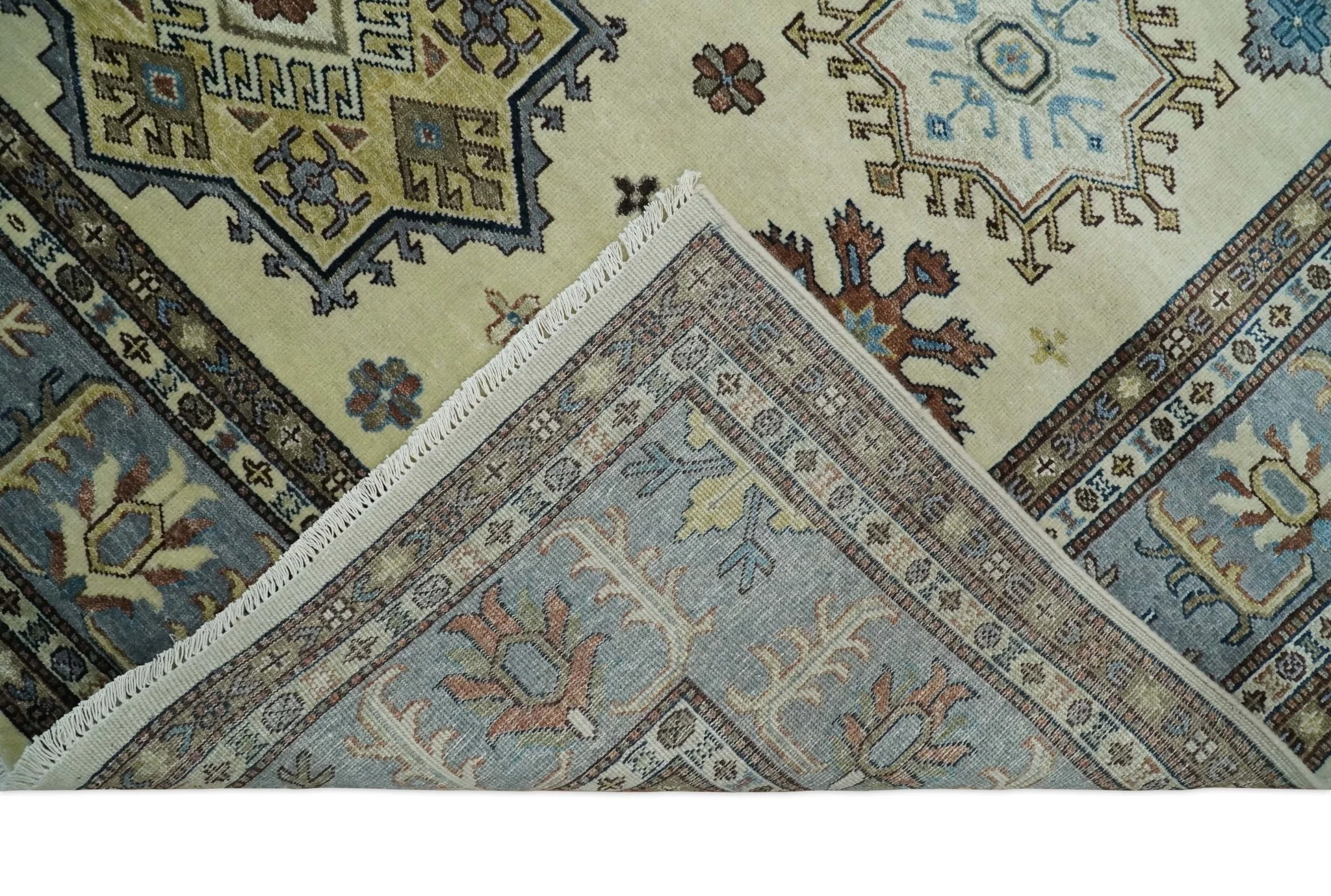 8x10 Fine Hand Knotted Blue and Beige Traditional Vintage Persian Style Antique Wool and Silk Rug | TRDCP510810 - Image 6