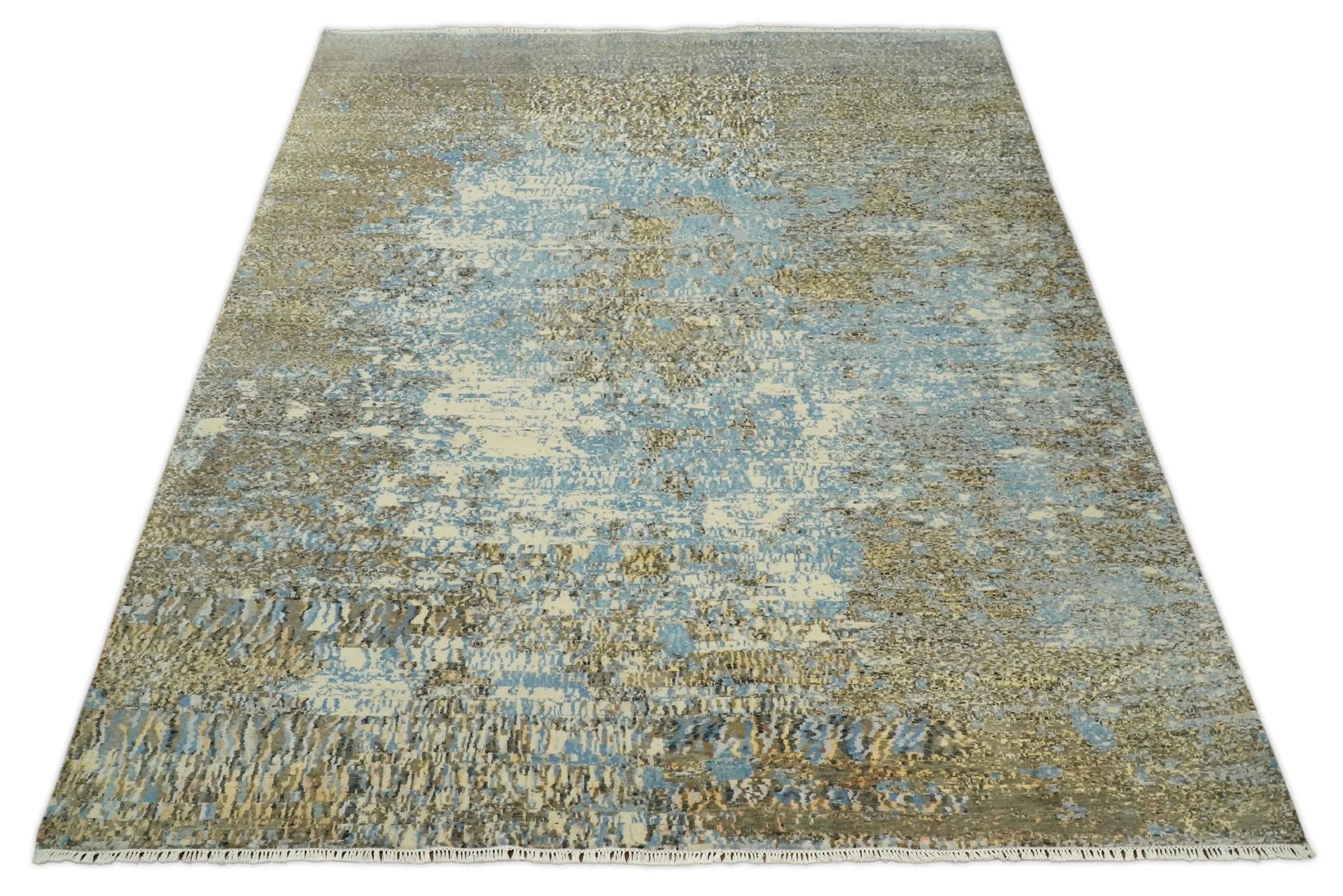 8x10 Fine Hand Knotted Blue and Brown Modern Abstract Style Antique Wool and Silk Area Rug | TRDCP627810 - Image 10