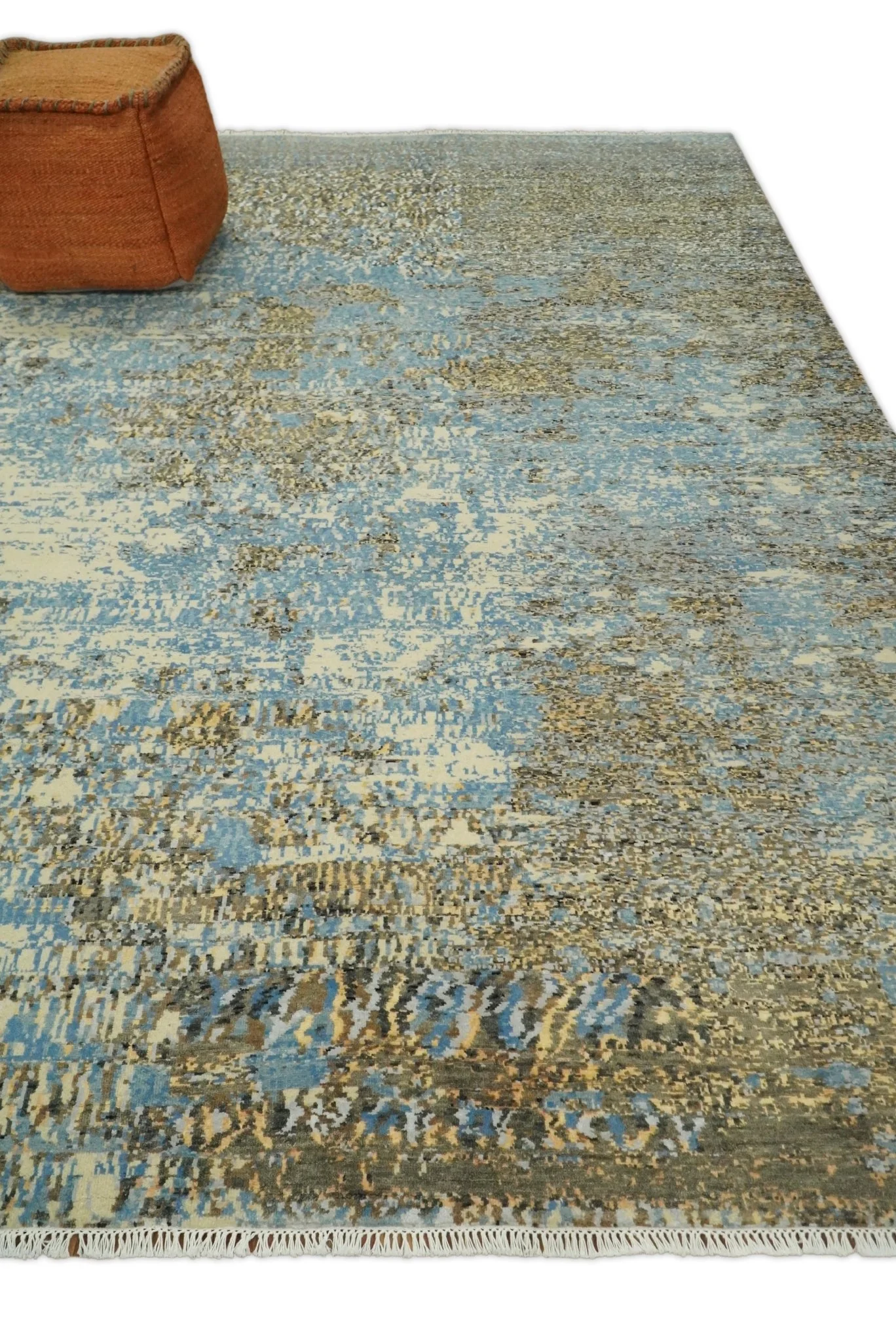 8x10 Fine Hand Knotted Blue and Brown Modern Abstract Style Antique Wool and Silk Area Rug | TRDCP627810 - Image 2