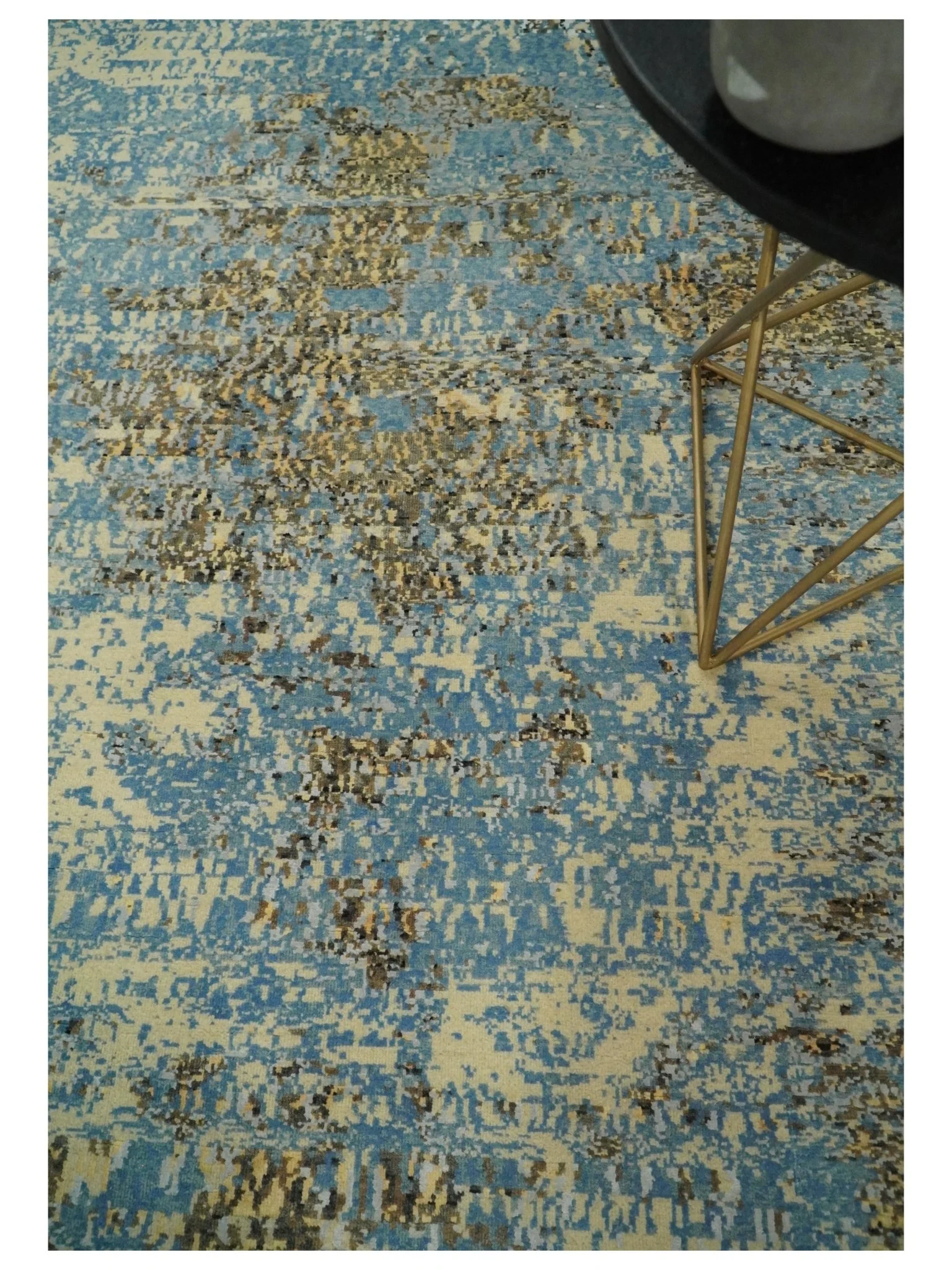 8x10 Fine Hand Knotted Blue and Brown Modern Abstract Style Antique Wool and Silk Area Rug | TRDCP627810 - Image 3