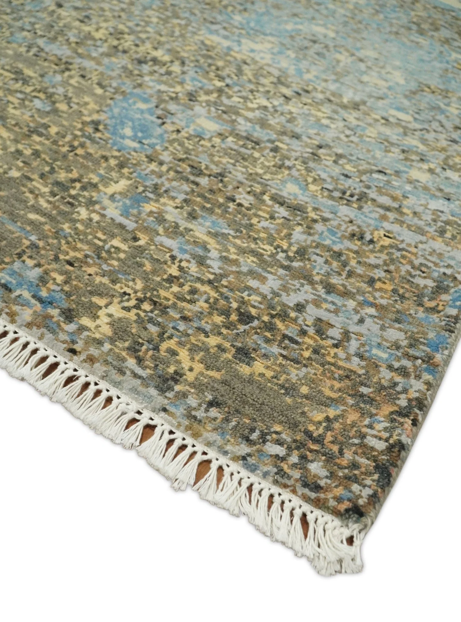 8x10 Fine Hand Knotted Blue and Brown Modern Abstract Style Antique Wool and Silk Area Rug | TRDCP627810 - Image 5