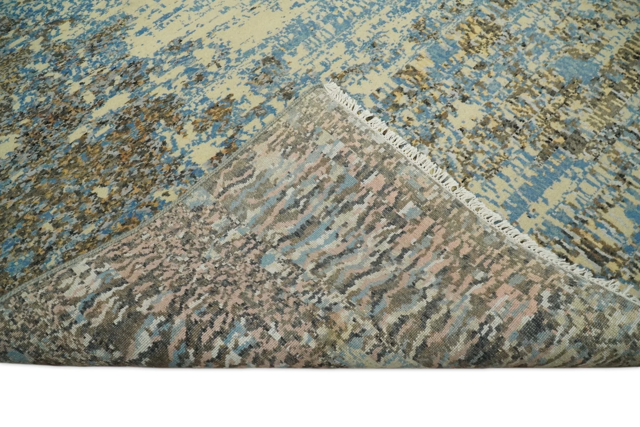 8x10 Fine Hand Knotted Blue and Brown Modern Abstract Style Antique Wool and Silk Area Rug | TRDCP627810 - Image 6