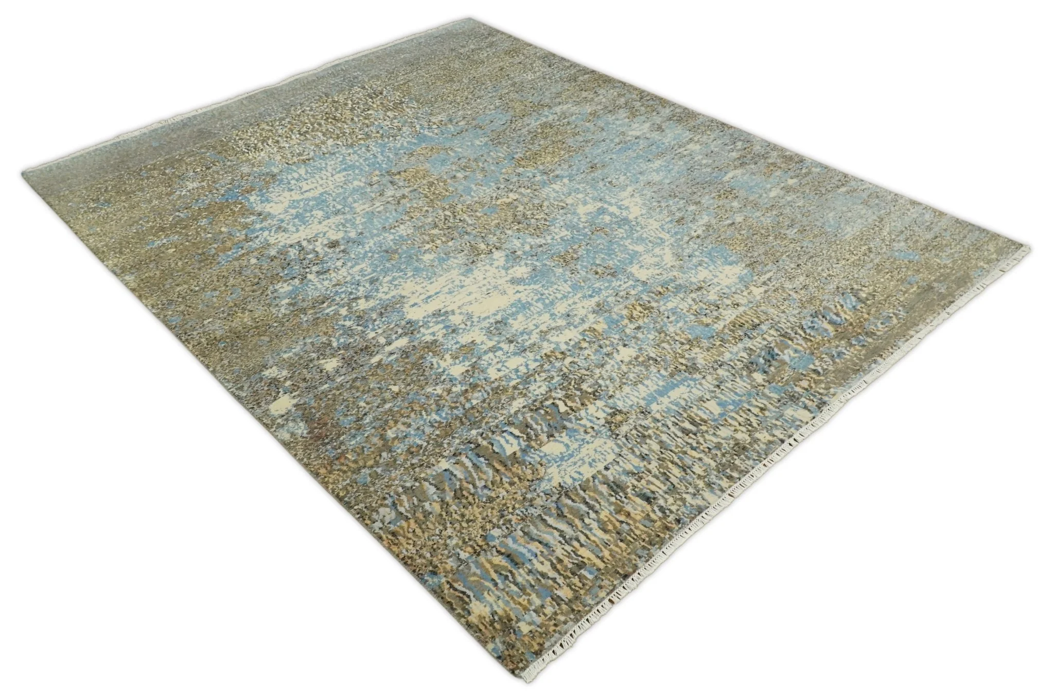 8x10 Fine Hand Knotted Blue and Brown Modern Abstract Style Antique Wool and Silk Area Rug | TRDCP627810 - Image 8