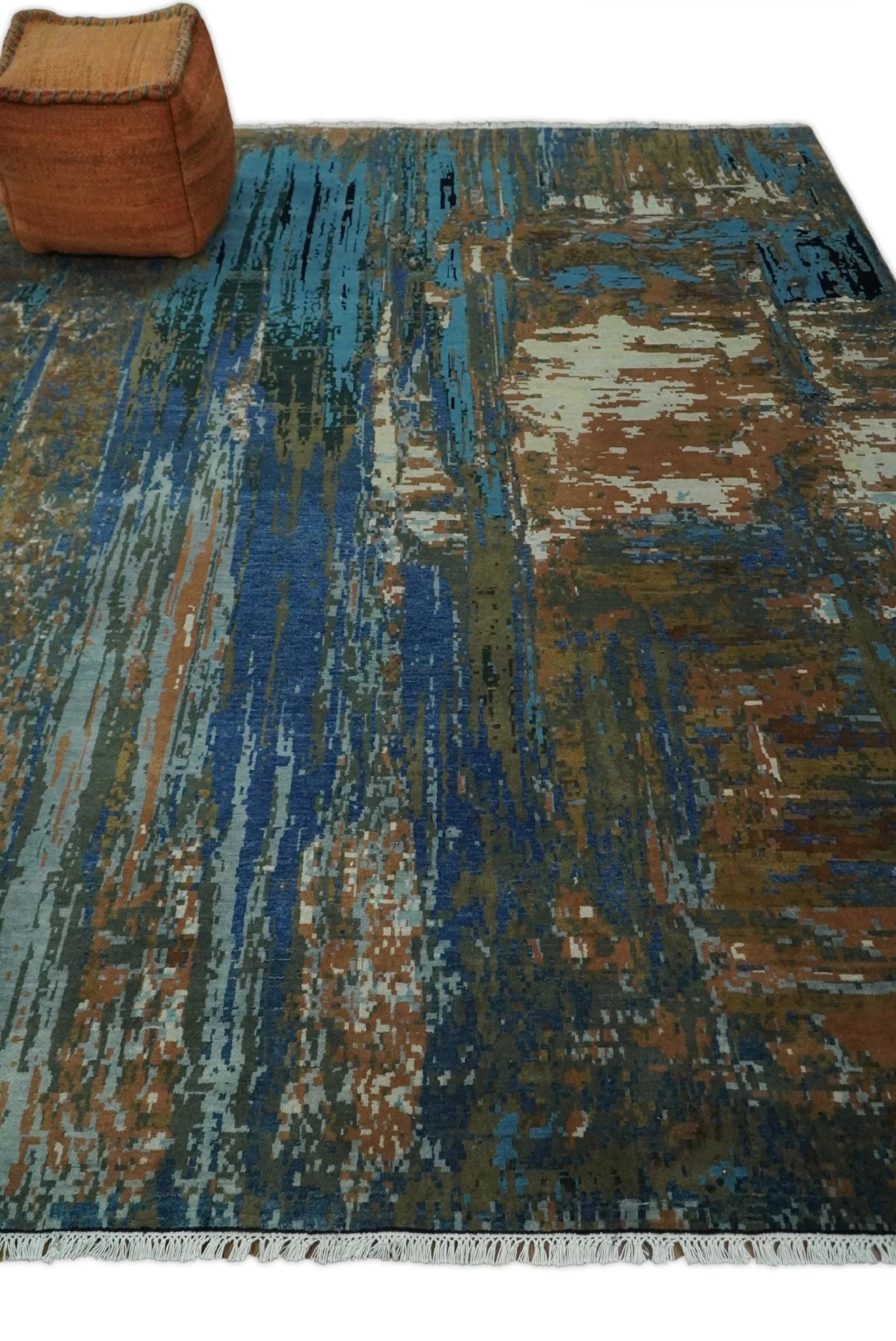 8x10 Fine Hand Knotted Blue and Brown Modern Abstract Wool Area Rug | AGR42 - Image 3