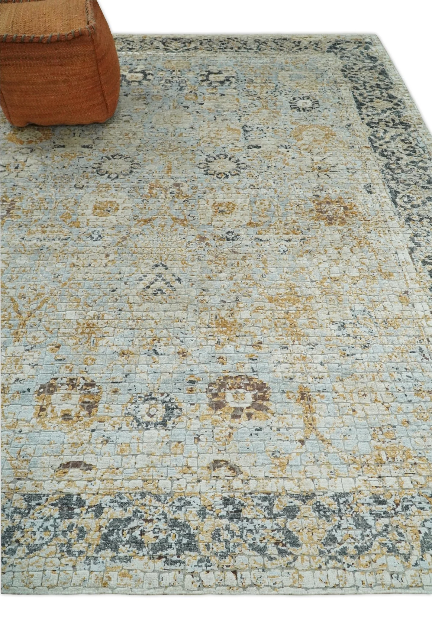8x10 Fine Hand Knotted Blue and Gold Traditional Abstract Mosaic Turkish Style Bamboo Silk Rug | TRD35957 - Image 3