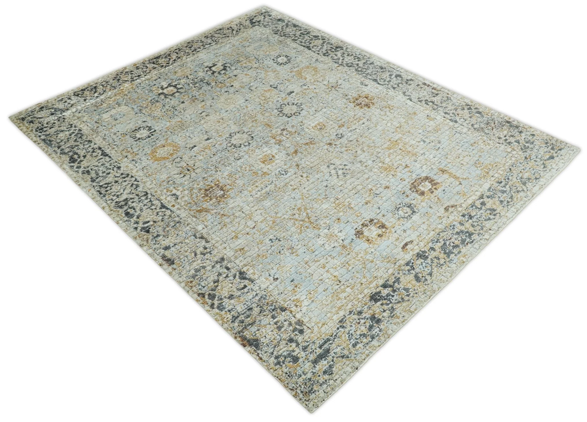 8x10 Fine Hand Knotted Blue and Gold Traditional Abstract Mosaic Turkish Style Bamboo Silk Rug | TRD35957 - Image 4