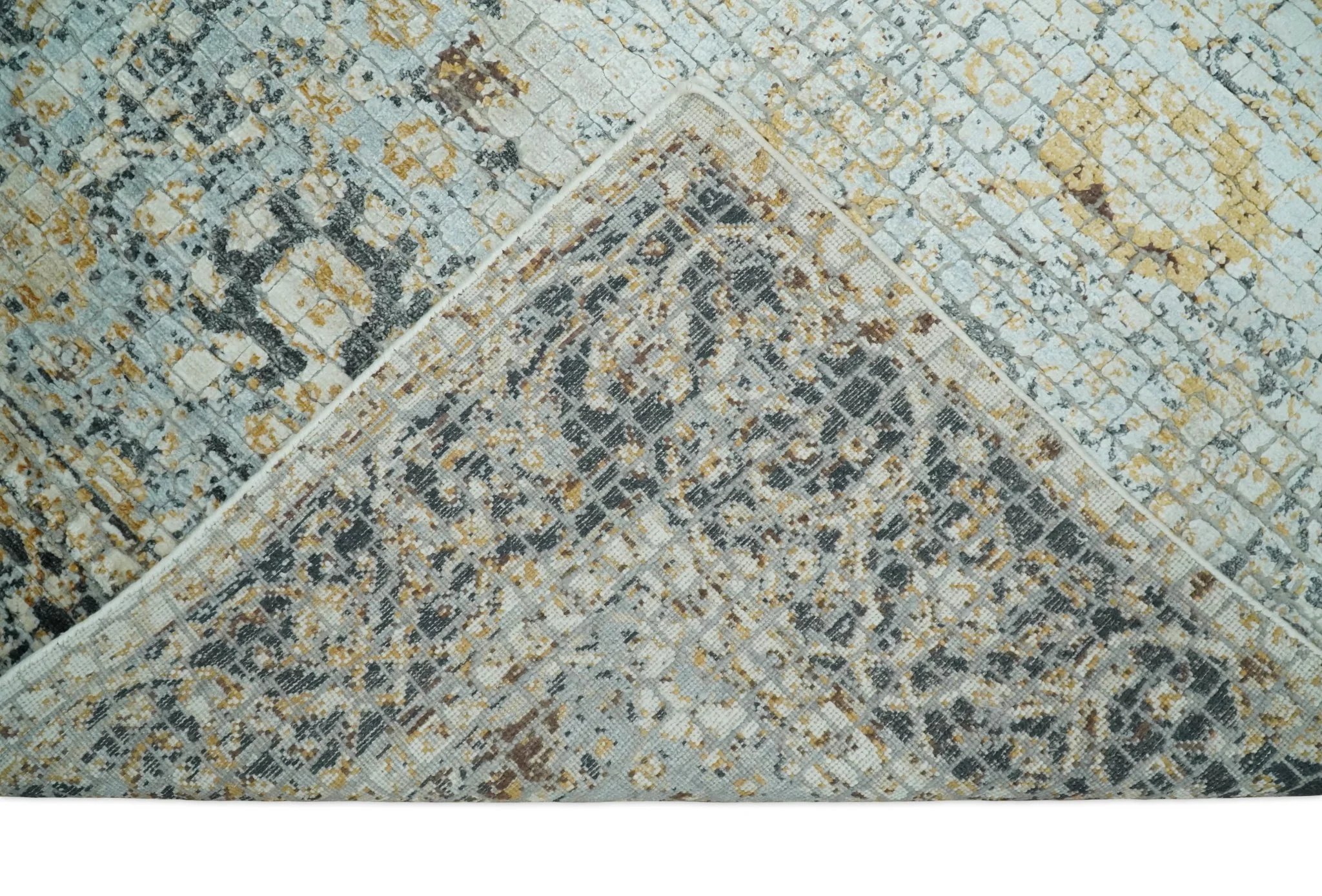8x10 Fine Hand Knotted Blue and Gold Traditional Abstract Mosaic Turkish Style Bamboo Silk Rug | TRD35957 - Image 5