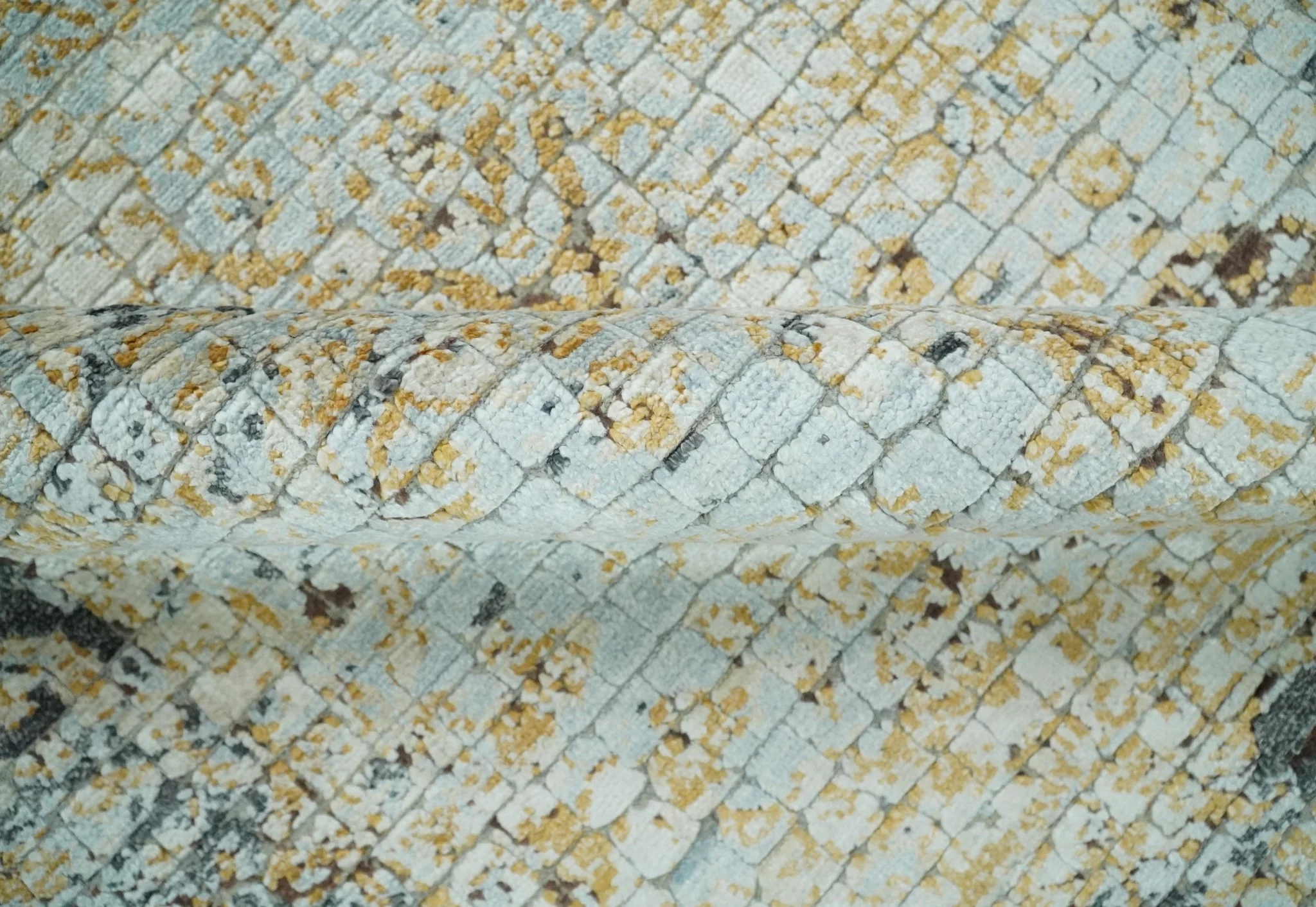 8x10 Fine Hand Knotted Blue and Gold Traditional Abstract Mosaic Turkish Style Bamboo Silk Rug | TRD35957 - Image 6