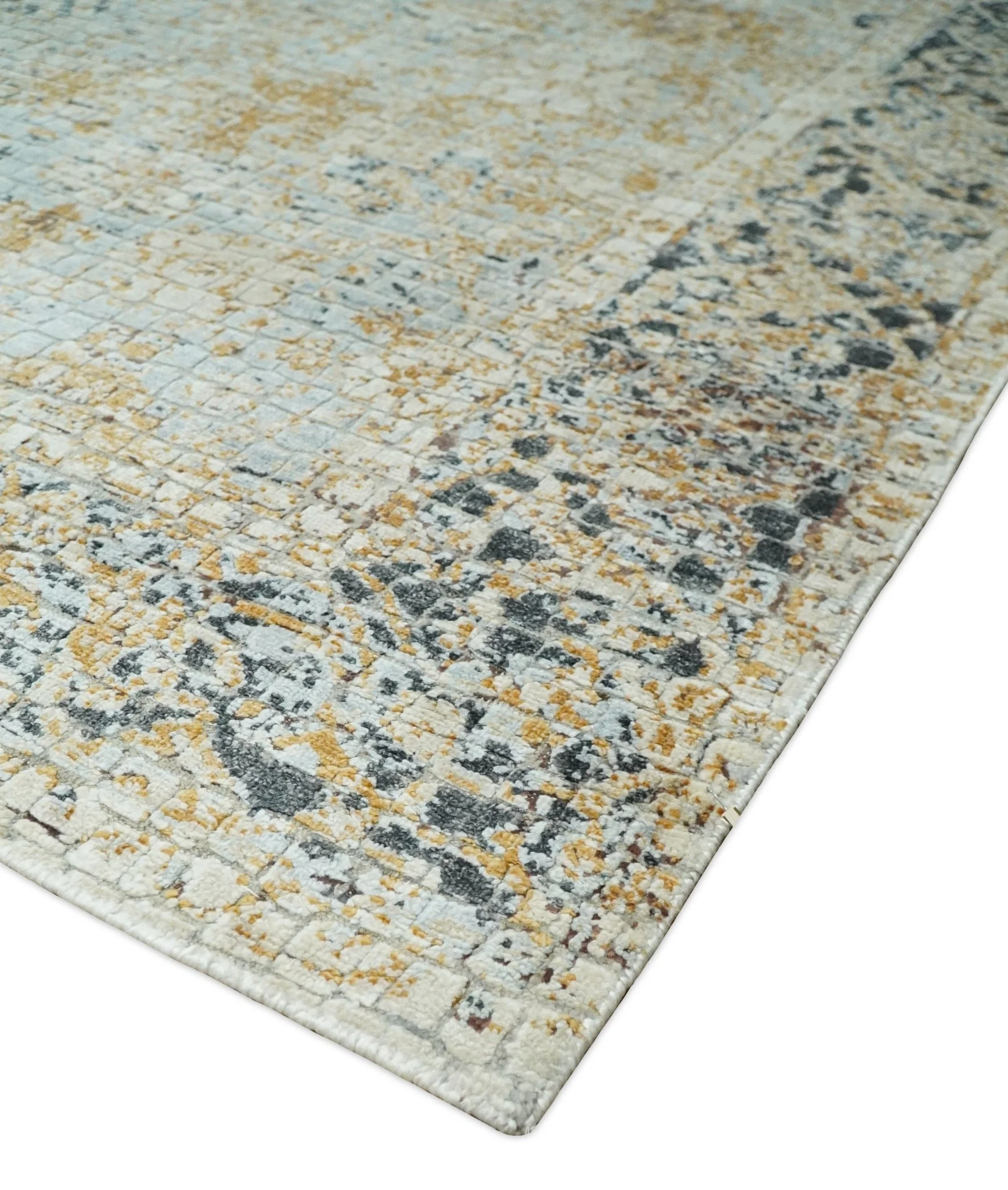 8x10 Fine Hand Knotted Blue and Gold Traditional Abstract Mosaic Turkish Style Bamboo Silk Rug | TRD35957 - Image 8