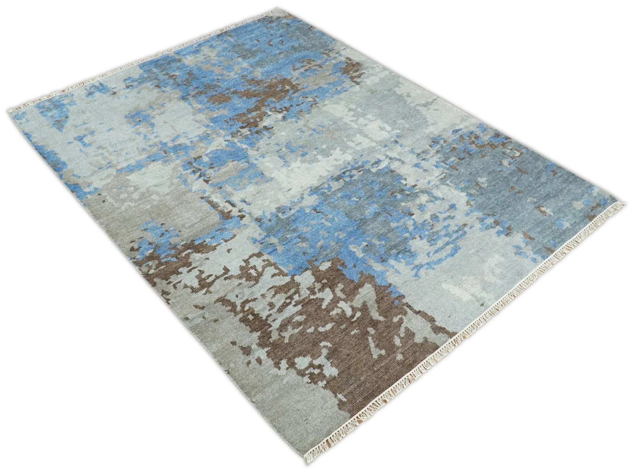 8x10 Hand Knotted Blue and Silver Modern Abstract Low Pile Contemporary Wool Rug | TRD2650 - Image 7