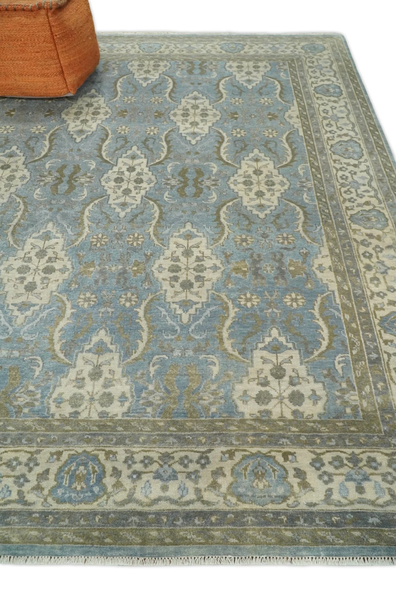 8x10 Fine Hand Knotted Blue and Ivory Traditional Ikat Design Antique Wool Rug | TRDCP462810 - Image 3