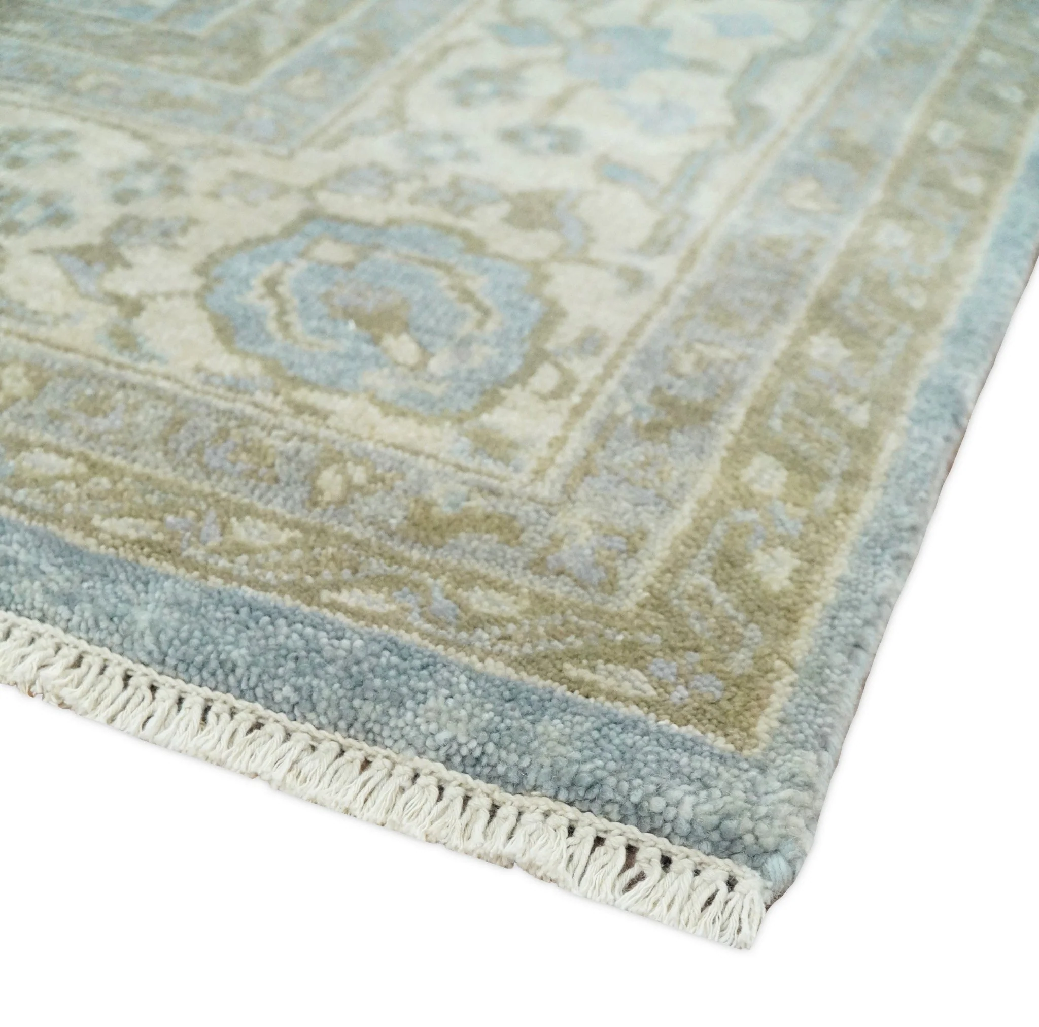 8x10 Fine Hand Knotted Blue and Ivory Traditional Ikat Design Antique Wool Rug | TRDCP462810 - Image 5