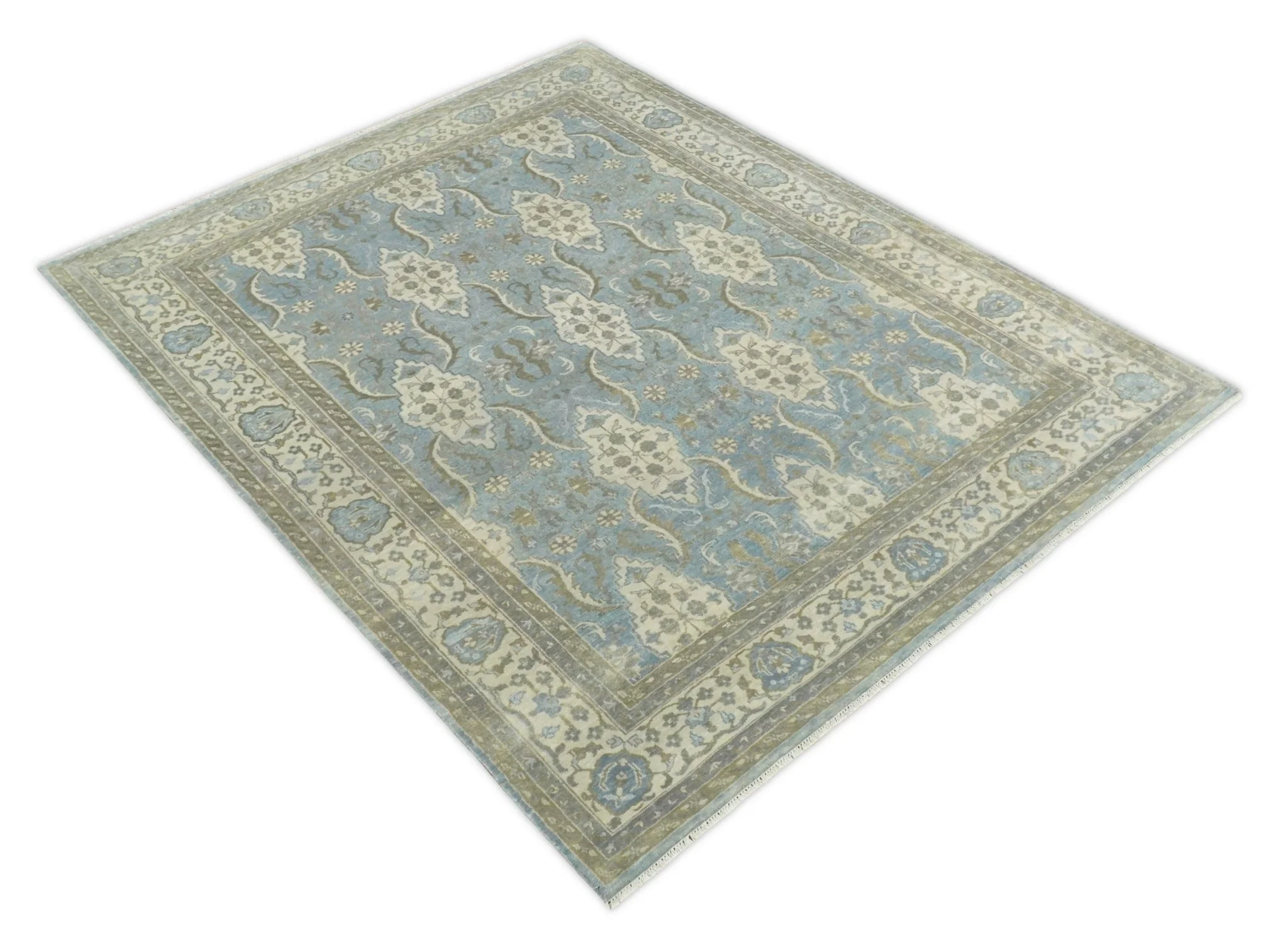 8x10 Fine Hand Knotted Blue and Ivory Traditional Ikat Design Antique Wool Rug | TRDCP462810 - Image 7