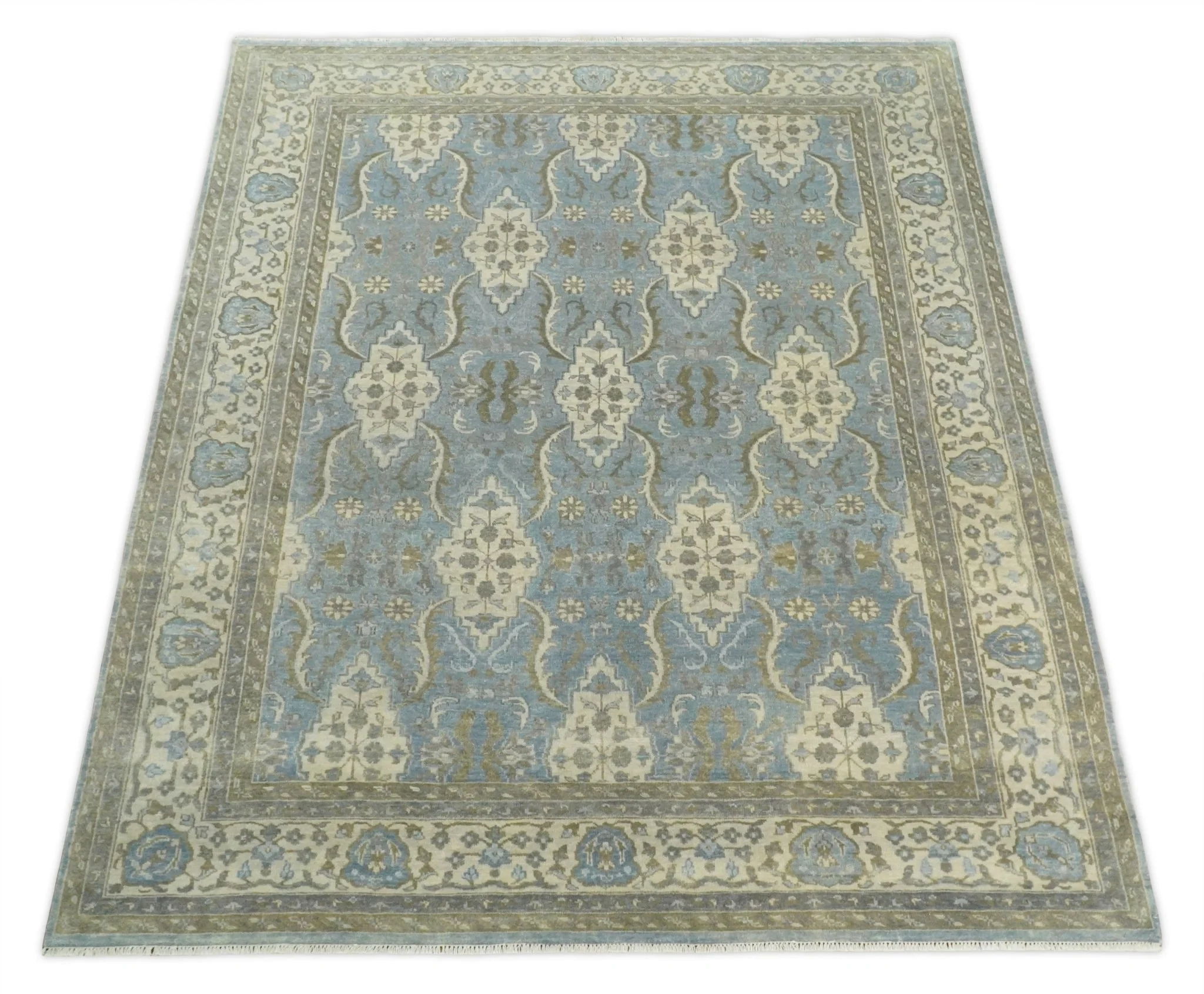 8x10 Fine Hand Knotted Blue and Ivory Traditional Ikat Design Antique Wool Rug | TRDCP462810 - Image 8