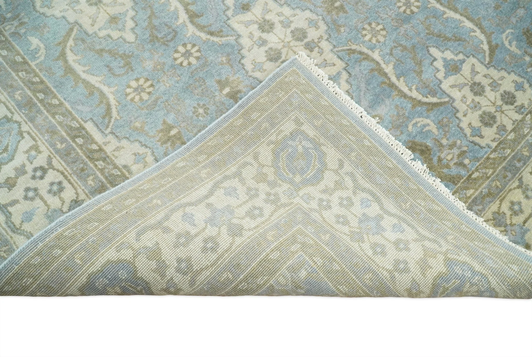 8x10 Fine Hand Knotted Blue and Ivory Traditional Ikat Design Antique Wool Rug | TRDCP462810 - Image 9